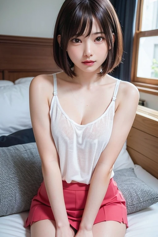 Detailed face, beautidful eyes, Photorealsitic, depth of fields, white t-shirts, maikurobikini,kneeking, 22year old, Bangs, small tits,Light brown short bob hair, Faint lips, Cowboy Shot, trembling, close to viewer, arms between legs