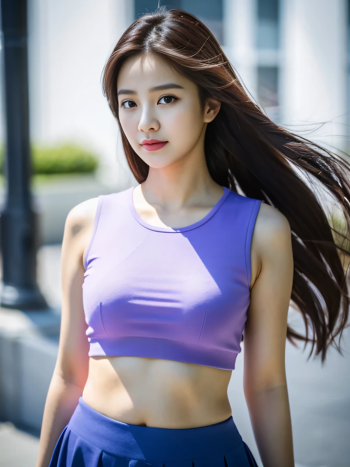1girl,big breast, purple hair, brown eyes,high quality, ultra detailed, masterpiece, realistic, sports clothes 