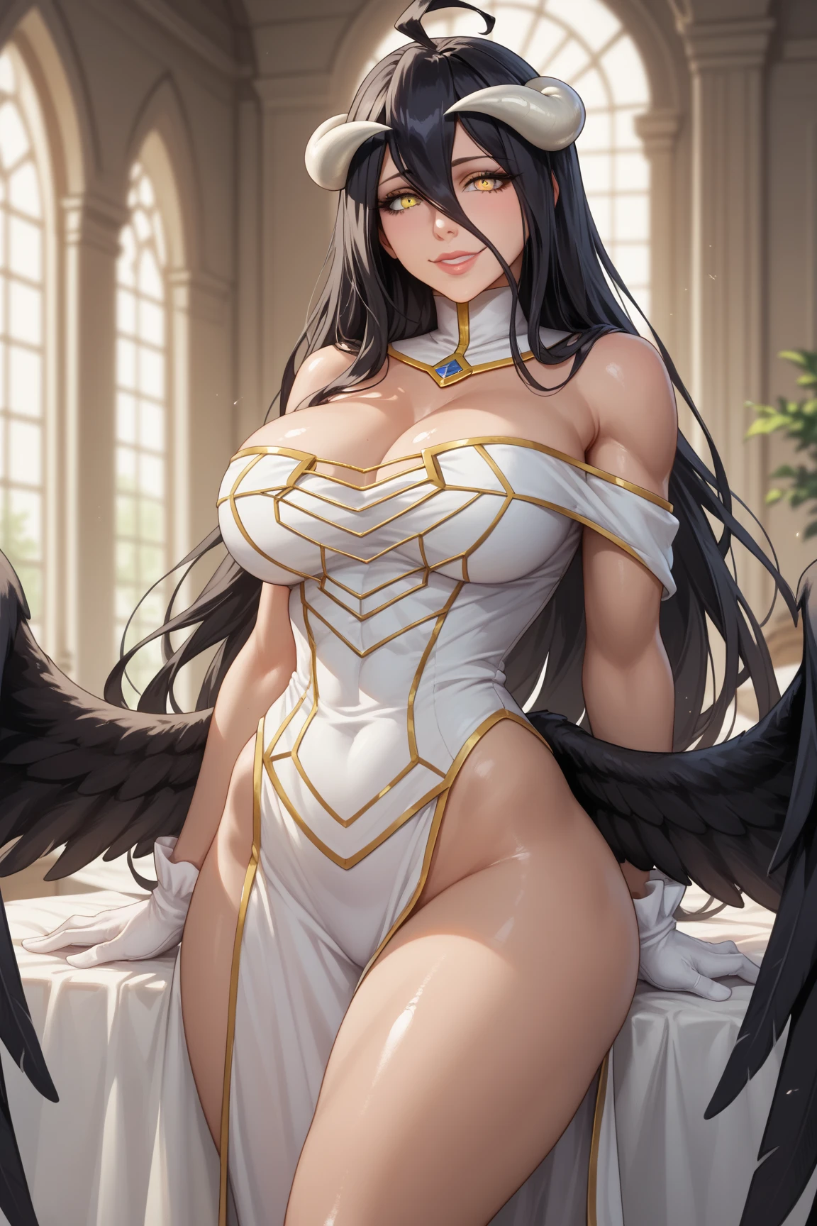 BREAK looking at viewer, BREAK (masterpiece:1.2), best quality, high resolution, unity 8k wallpaper, (illustration:0.8), (beautiful detailed eyes:1.6), extremely detailed face, perfect lighting, extremely detailed CG, (perfect hands, perfect anatomy),church,benches,icons,candles,crosses,night,dark atmosphere,low light,albedo, ahoge, black hair, horns, long hair, (yellow eyes:1.5),skinny fit,
bare hips, bare shoulders, black wings, detached collar, elbow gloves, feathered wings, gloves, gold trim, high collar, hip vent, jewelry, white gloves, wings,maniac smile,stockings,full body,blood.
