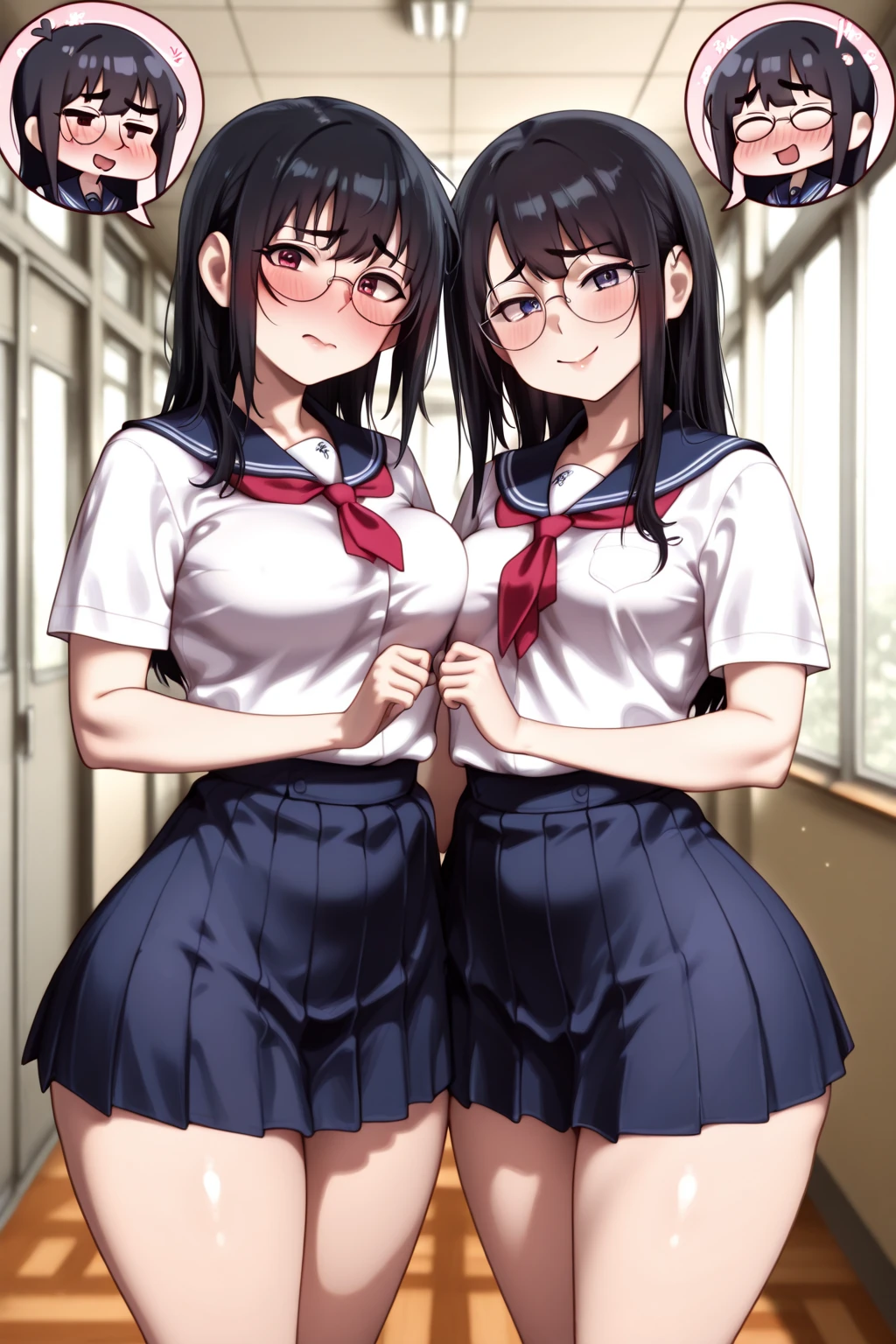ultra-detailliert, Best Quality, High resolution, ((Two cute little girls with big faces and black hair.))、Pretty eyes、Detailed eye depiction、Eye sparkle、Sareme、Looking at Viewer, pale skin、(((Petite))), (nude)、(flat chest), (big glasses), (blush:1.2), (big eye:1.5)、 Shy smile, NSFW, swimming pools, Focus on the face, Long hair with braids, The upper part of the body、from side