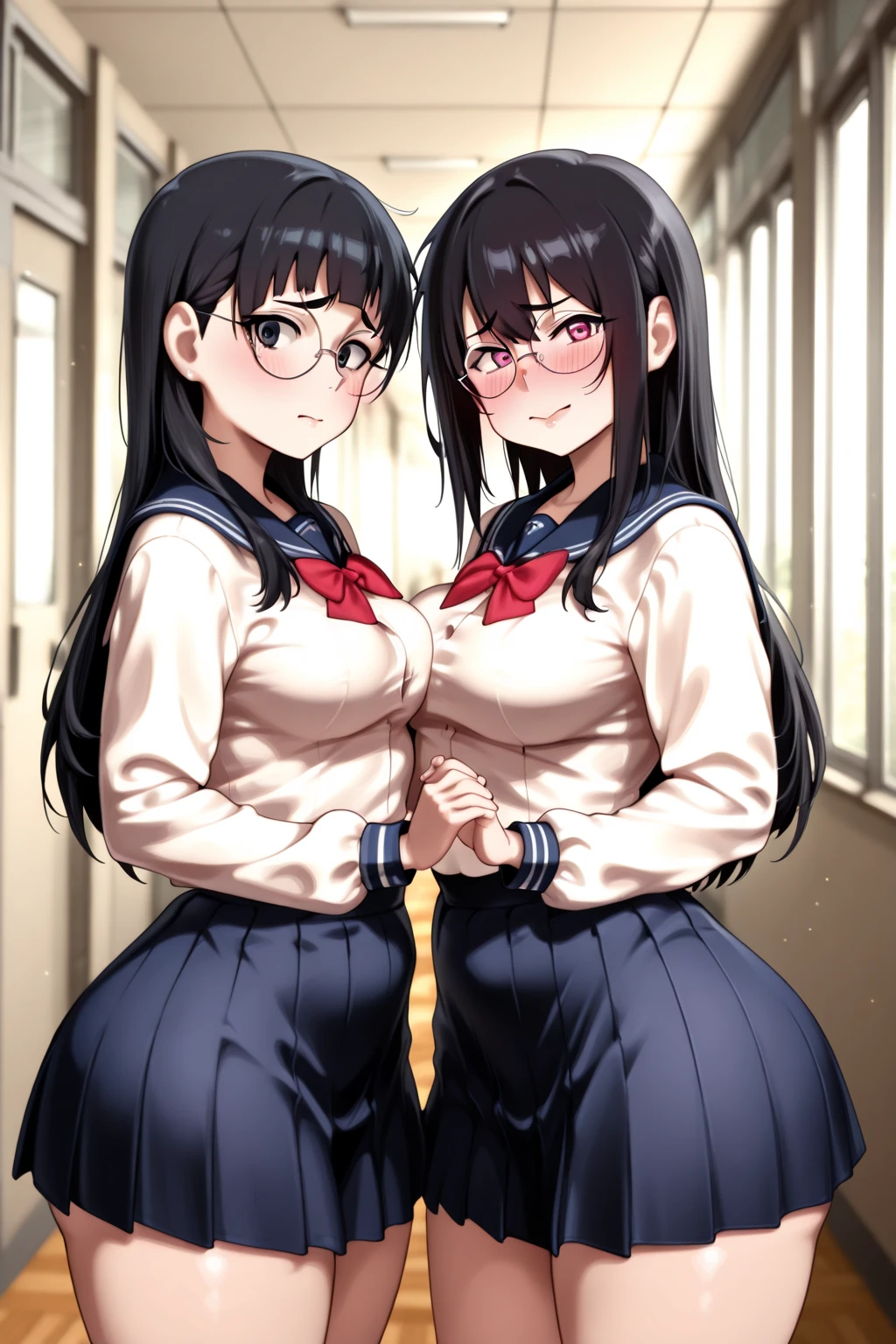 ultra-detailliert, Best Quality, High resolution, ((Two cute little girls with dark hair)), Pretty eyes、Looking at Viewer, pale skin, Petite,（Naked sailor suit）、（I'm not wearing panties）、(flat chest), (Glasses), (blush:1.2), big eye:3.0, An embarrassed smile, Focus on the face、Long hair,　NSFW、‎Classroom、