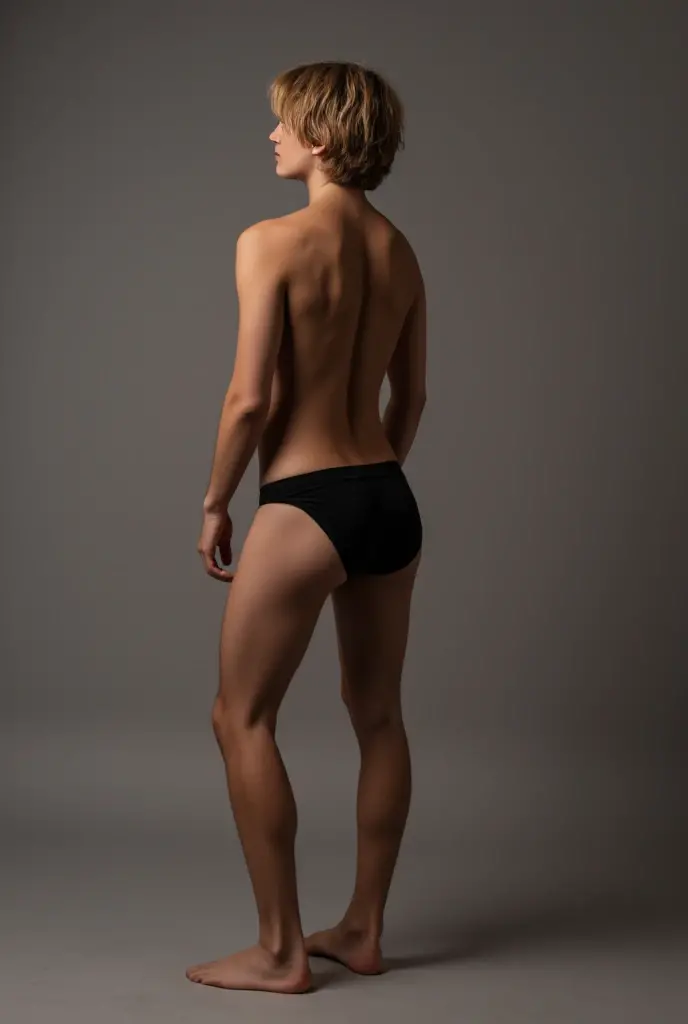 Make a very detailed picture of a shirtless male that is 6 feet 2 inches tall male twunk with big pecs, thicc ass, curvy figure, toned flat stomach, and back length curly black hair ties into a man bun showing off his thicc ass in tight female thongs