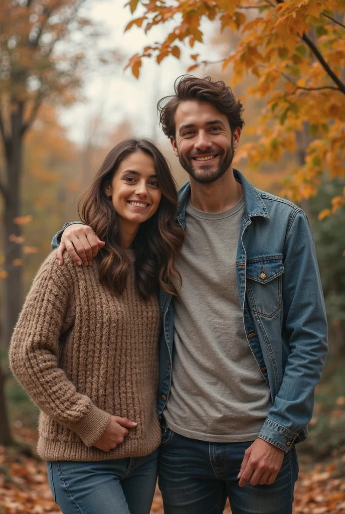 Family containing a white man with black hair and beard, menino de 3 anos de idade com cabelos castanhos claros e olhos castanhos, uma mulher com cabelo preto e olhos castanhos, e um adolescente de olhos azuis e cabelos castanhos escuros, in a place with trees it's sunshine