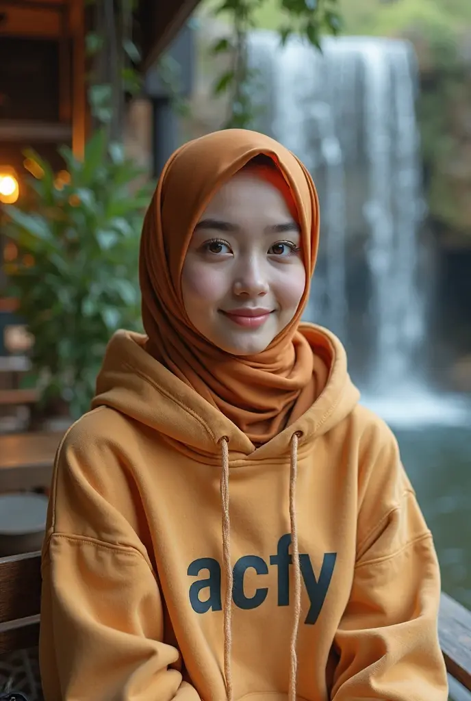UHD, Arabic-Korean girl, covering head with dark hijab, pale skin, 25 years old, cute face, detail face, curvy body, wide hips, perfect breast and body anatomy, city, crowds, holding camera, Noon, rainy, wet, sweaty, wearing Pressed long arm yellow shirt with "JEJE" small letter, tight skinny jeans, sweaty smile facing to camera