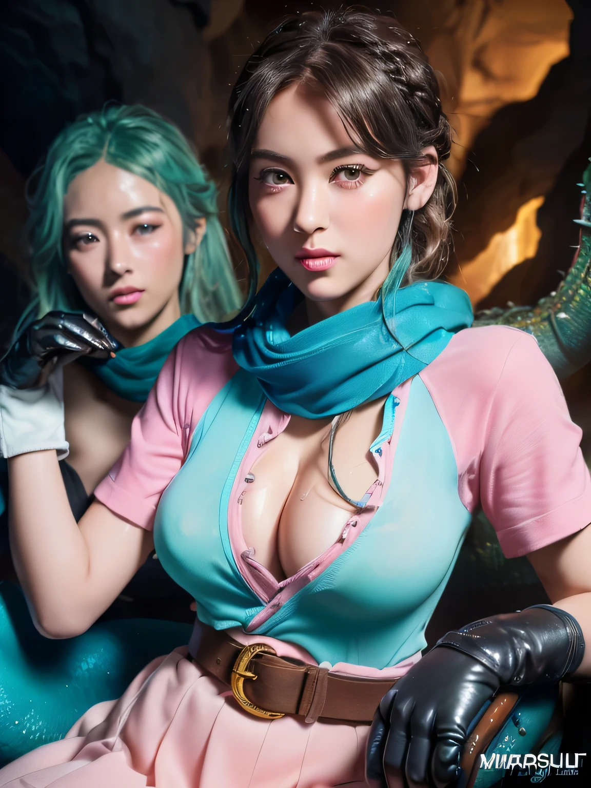 (ultra realistic,32k,RAW photo:1.1),(high detailed skin:1.1), 8k uhd, dslr, high quality, film grain, (makeup, mascara:1.1), lips,(thick\lips\), 
(shiny glossy translucent clothing:1.1), dragon ball, blmpony, aqua hair, hair ribbon, braided ponytail, pink shirt, belt, scarf, pink skirt, clothes writing, brown gloves,, huge breast, 
(looking at viewer, sitting, crossed legs:1.1),, 
(radiant:1.1),dark theme, dragon's breath grotto, billowing dragon breath, hidden treasure, cavernous sanctuary,  show nipples, medium breasts, show vagina, spread legs.