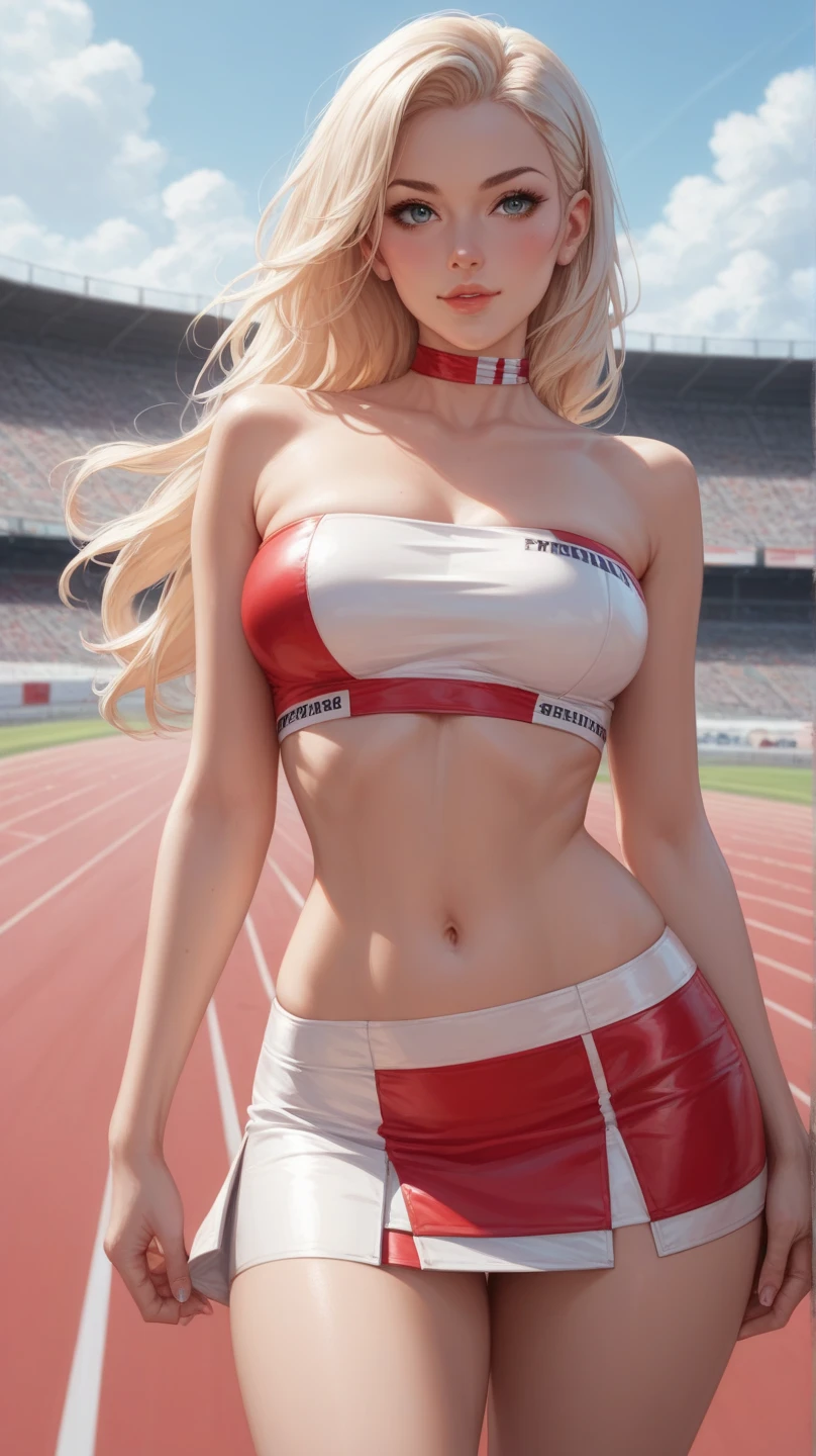 ultra-detailed, realistic, 4k, masterpiece:1.2, highres, vivid colors, bokeh, professional, HDR, sharp focus, studio lighting, ultra-fine painting, physically-based rendering,amazing body, full lips,pronounced feminine feature, busty, woman, deep red lips, Blonde short hair styled Standing, business woman, white and red gymnasts leotard, standing on a Divingboard, she is waiting to perform, submissive, wearing jewelry around her neck and ruby's, looking at the camera seductive expression, happy, portrait, Olympic swimming stadium decor exclusive is the background,