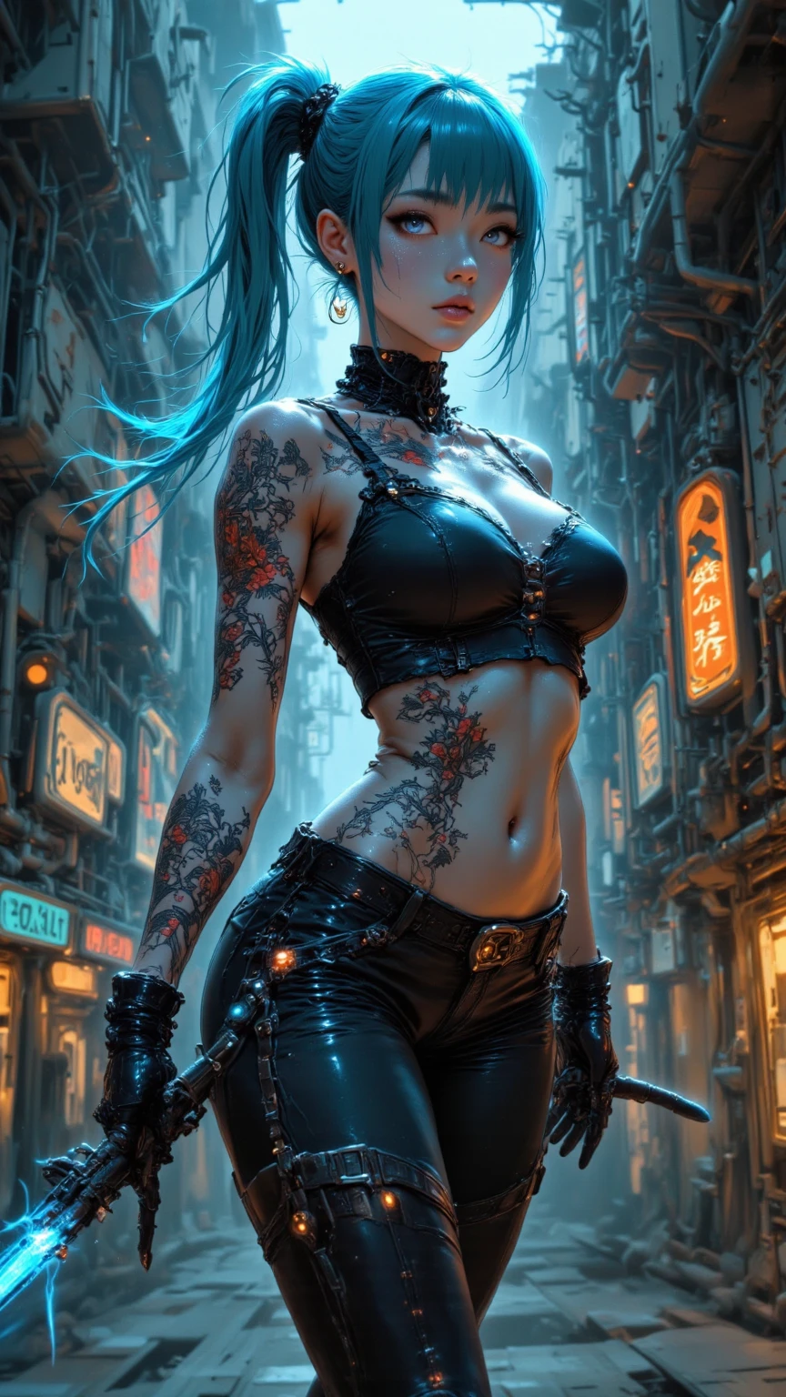 ((Nsfw)), front view 2.1,  exposed breasts, erect nipples, aroused, female pervert,  small breasts, Classification_explicit, 1 girl, ((18 years:1.2)), adult, full lips, ((by rubio:1)), (cabello ondulado long: 1.2),( punk rock gothic :1.4 )、(Face details: 1.5, bright blue eyes, beautiful face, pretty eyes, iris coating, full lips: 1.5, tattoos, pale and sharp eyebrows, long, dark eyelashes, double tabs),(gothic fashion:1.4)、(industrial goth:1.3)、(cupless leather corset:1.4 )、(Dressing a detailed steampunk maid in black  and white.:1.5)、(spike choker:1.1)、( knee high socks:1.3)、(heart mark decoration:1.unrock fashion gloves:1.4)、(luxury hair ornament:1.4)、(heart brand belt)、demonia brand boots)、(no underwear.:1.4)(bright colors), ,( cyberpunk 2.1),( group of girls), (bright colors), (background strip club :1.4), (showing vulva :1.4), More detailed 8K.unreal engine:1.4,UHD,La Best Quality:1.4, photorealistic:1.4, skin texture:1.4, masterpiece:1.8,first work, Best Quality,object object], (detailed face features:1.3),(The correct proportions),(Beautiful glowing blue eyes:1.4 ),  (dynamic cowboy pose),(black lingerie lace style :1.4), (realistic V2.1) 