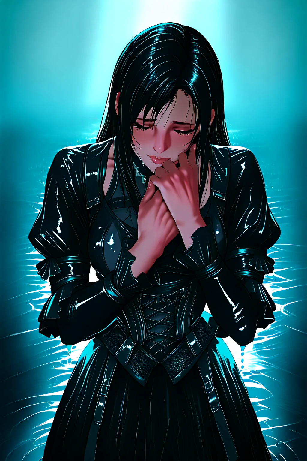 A girl, kneeling in the floor, wearing a shattered breastplate, shattered waistplate, in tears, sad, dramatic scene, tears flowing in the face,