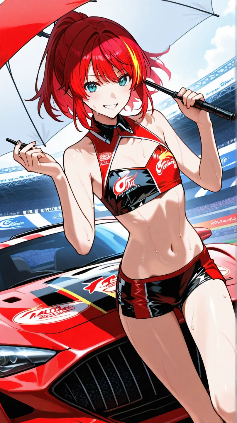 ((best quality)), ((masterpiece)), (detailed), perfect face, ((Best quality, 8k, Masterpiece: 1.3)), Sharp focus A beautiful woman with perfect body, Slim abdomen, Highly detailed face and skin texture, Detailed eyes, Double eyelid, smile, orange hair, earrings, Race queen, FI circuit, background (FI car), Race Queen Costume