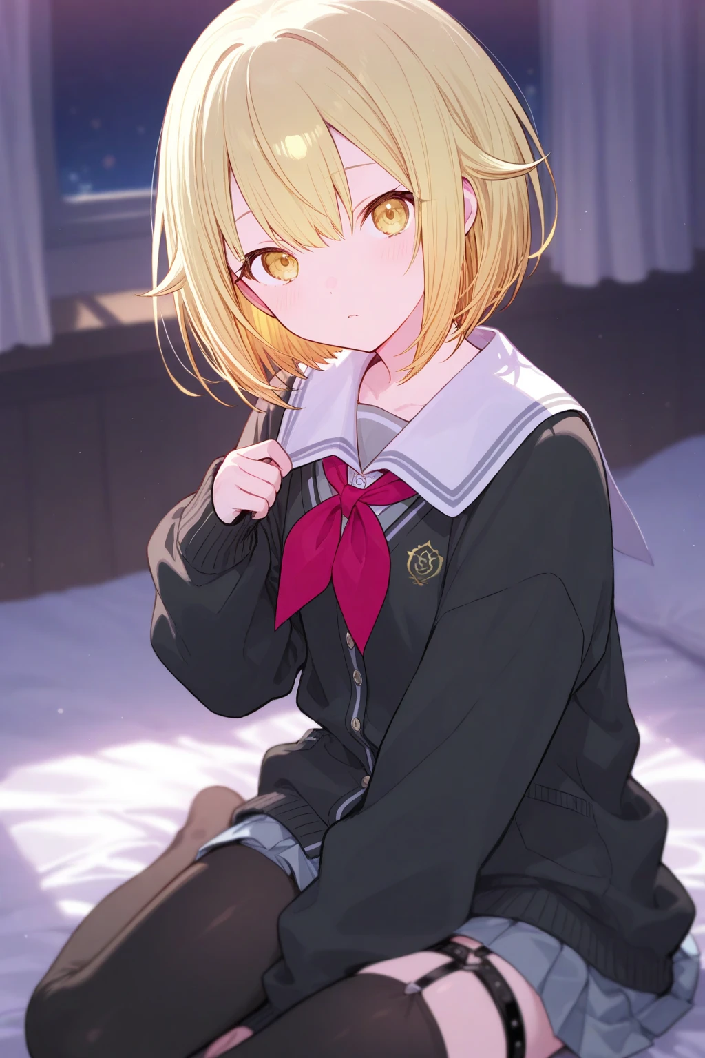 ((masterpiece,best quality)), <lora:Amemori_Sayo_v2:0.8>, (yellow hair), pervert, pink clothes, pink glowing eyes, sailor dress