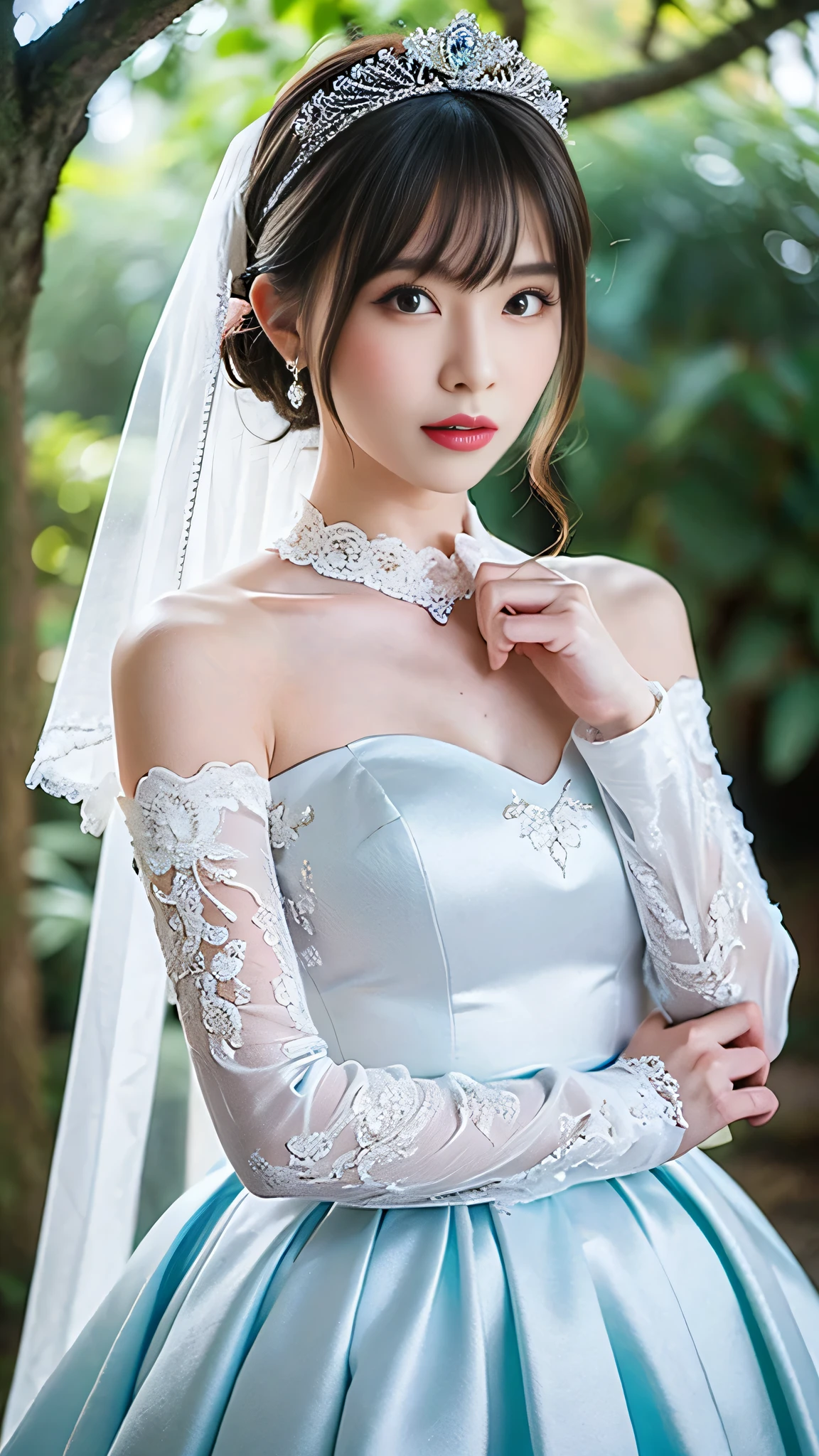 (Portrait),(Photos of women in wedding dresses made of shiny pale blue satin fabric),(masterpiece, top quality , Ultra High Accuracy),very detailed CG,(Eye makeup to lengthen eyelashes),Straight bob hair with bangs,tiara hair accessory,hanging eyes,(A picture of a woman wearing a simple long sleeve wedding dress made of pale blue satin fabric looking at me with a mysterious expression),Luxurious skirt made of shiny pale blue satin fabric,((I'm in a dark forest )),