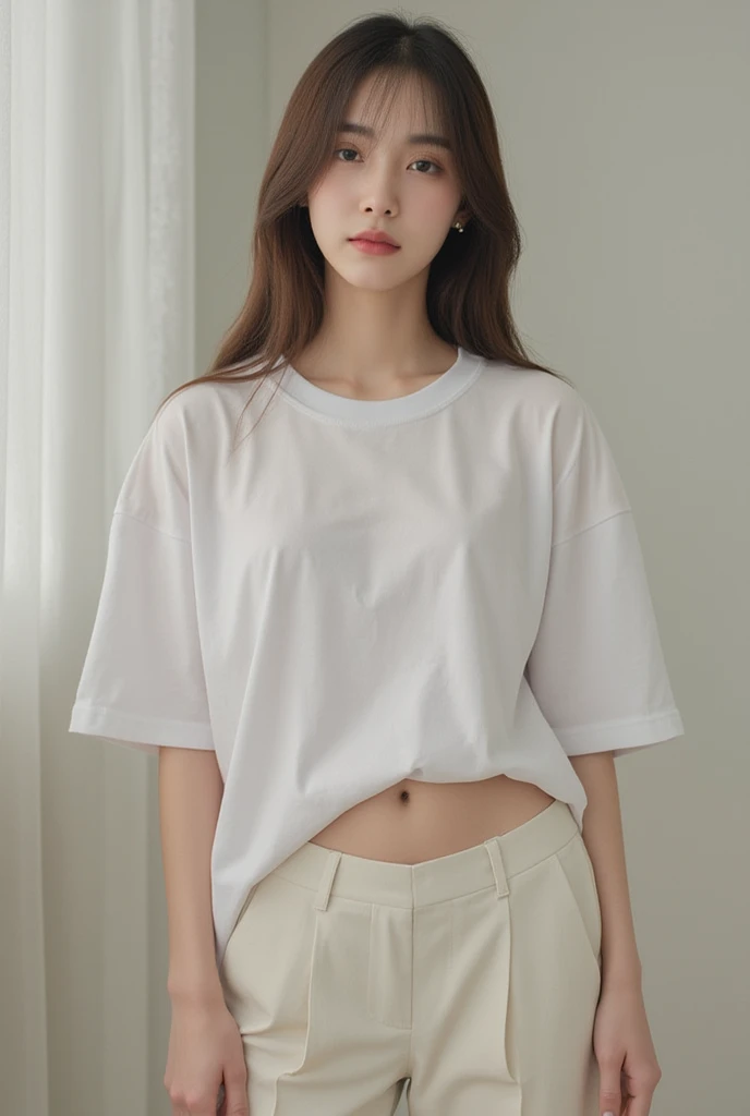 Korean girl wearing a t shirt and jeans covering
half of the belly button and cleavage