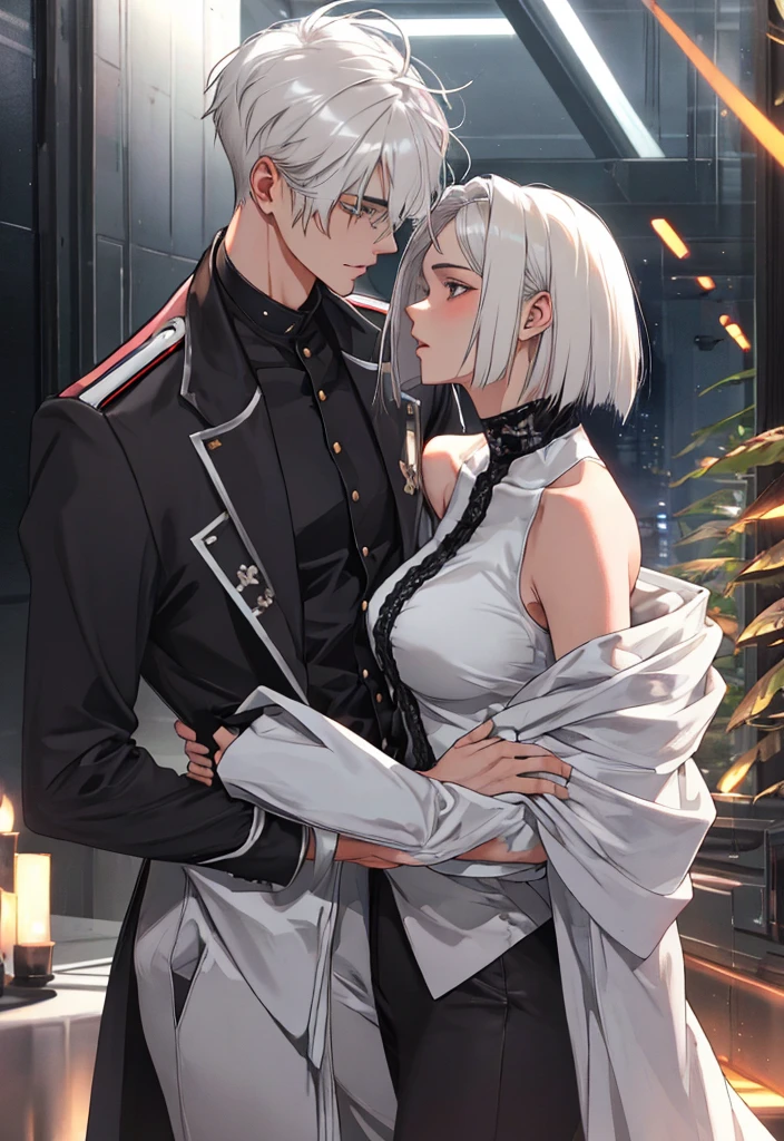 (couple), (Boy with black hair, brown skin, red eyes,), (girl with white hair, blue eyes, dark eyelids, light skin), (American style).