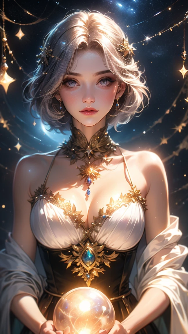 "A stunning black princess with striking (((short white hair))) commands attention as she performs on a grand ceremonial stage under the starry sky in the heart of Emerald City, the capital of Zara Kingdom. Her deep, ebony skin glows in the flickering light of the ceremonial bonfires, creating a mesmerizing contrast with her bright white hair, which gleams like silver in the night. She is adorned in a magnificent traditional outfit made of handwoven fabrics, accented with shimmering beadwork and vibrant feathers that glow softly in the firelight. As she dances, her movements are both powerful and fluid, a ritual that invokes the spirits of the ancestors. The crowd, holding lanterns that cast a warm light on their faces, watches in awe, their reverence palpable as the princess's white hair and dark skin create a striking and unforgettable image under the vast, starry sky."upper body