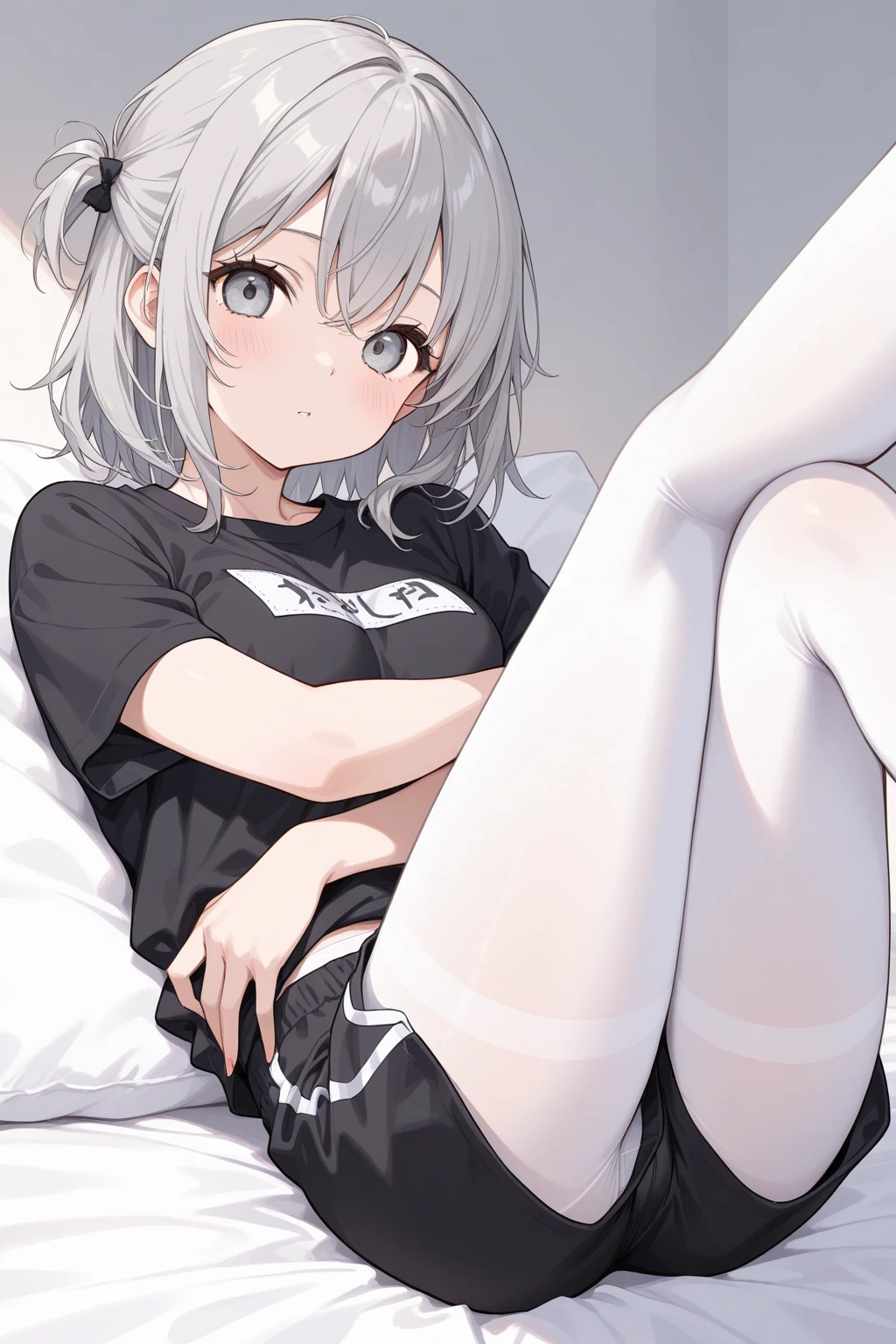 Furry white bear,Black-skinned,Loli body,Yellow eyes,White hair,In the daytime,Glowing hair,Wearing white panties,did not wear underwear,A shy look,Lying in bed,Full body like