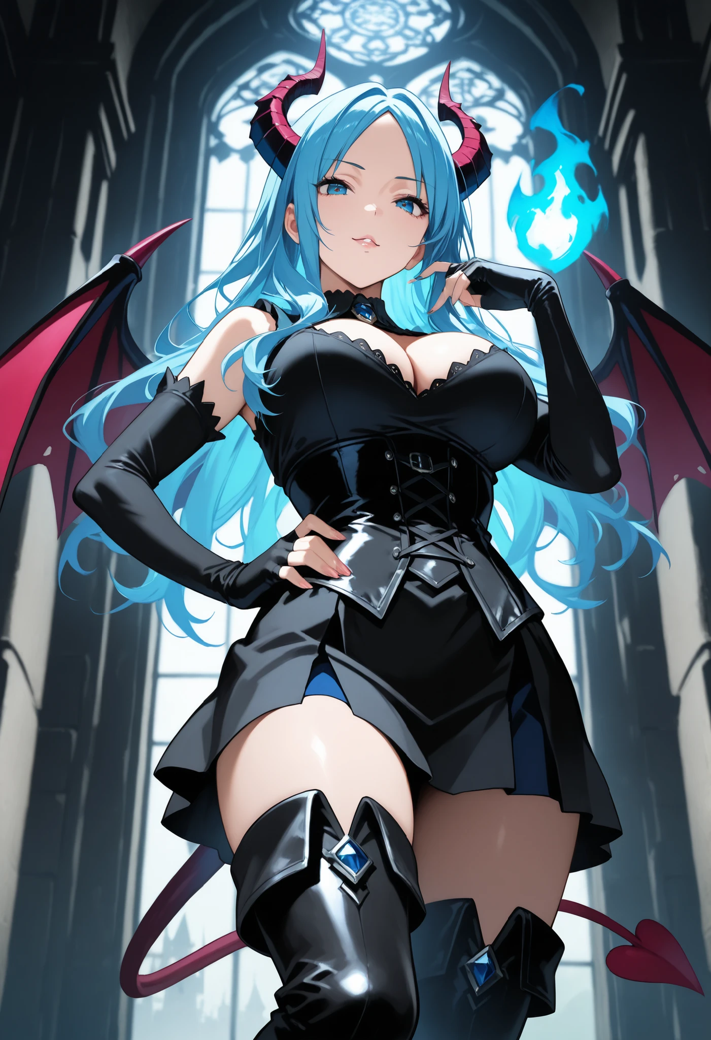best qualityer，tmasterpiece，Ultimate resolution，downy，Extremely colorful，Colorful，Dragon beauty，Mature face shape，blue color eyes，red and blue hair，（Long red and blue hair），（Kneeling pose，blackstockings，high-heels）Redlip，choker necklace，Long messy hair，A pair of dragon horns，A pair of dragon wings，a matural female，Crop topping，Superskirt，The kinky is exposed，Sanctuary，Skysky，Normal posture