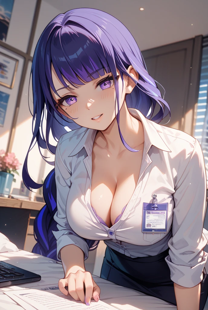 nijou aki,labcoat, open coat, shirt, miniskirt, necklace, cleavage, blue hair , purple eyes, sitting in an office chair, spread legs,
jewelry, hands on chest,see-through, looking at viewer, hair ornament, choker, shy,
(masterpiece, top quality, best quality, official art, beautiful and aesthetic:1.2), (1 girl), extreme detailed, colorful, highest detailed,
(huge breasts:1.2, upper body, from front, cameltoe, ) white panties,