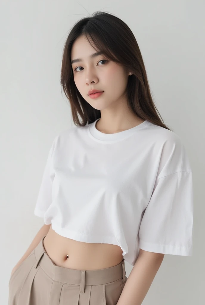 Create a photo realistic young woman with blonde hair (length until her shoulders), blue eyes and large . She wears a white t-shirt, round neck, long fit and short sleeves, without a bra, and she also wears a uni color black cotton mini skirt. Kneeling