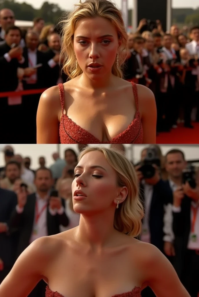 Scarlett Johansson big breasted hanging breasts in a chic dress short chest unbuttoned in stockings at the Marvel Film Festival