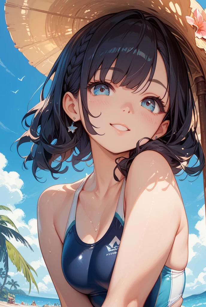 Japanese,Innocent face,Teenage Girl,cute,marble cute bikini,Close-up photo from the waist up,double bun,blunt bangs,short hair,Hair Clip,(blush)