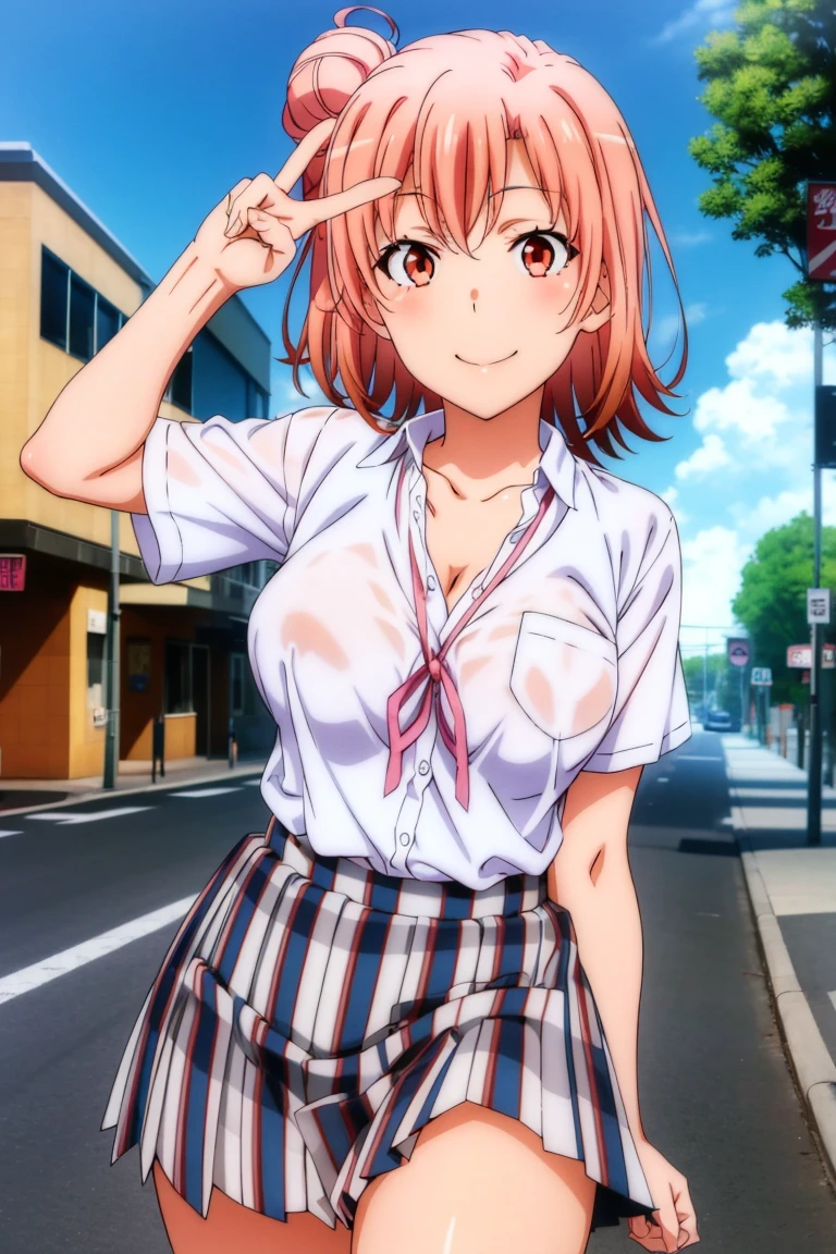 Highest quality, High resolution, Pixel Perfect, (Beautiful Anime Girls), (Perfect hands:1.5), (Perfect Fingers:1.5), (Beautiful fingers:1.5), Written boundary depth, Observe the audience, Perfect body, yuigahama yui, Brown eyes, Detailed eyes, Single hair bun, (Big Breasts:1.2), Red ribbon, White shirt, Black jacket, (Check skirt:1.5), garden, smile, blush, (Lift up the skirt:1.5), (Wide pelvis:1.5), Thighs Thighs Thighs, (Thick thighs:1.5), (Pink Panties:1.5), (A close-up of the crotch from directly below:1.5)