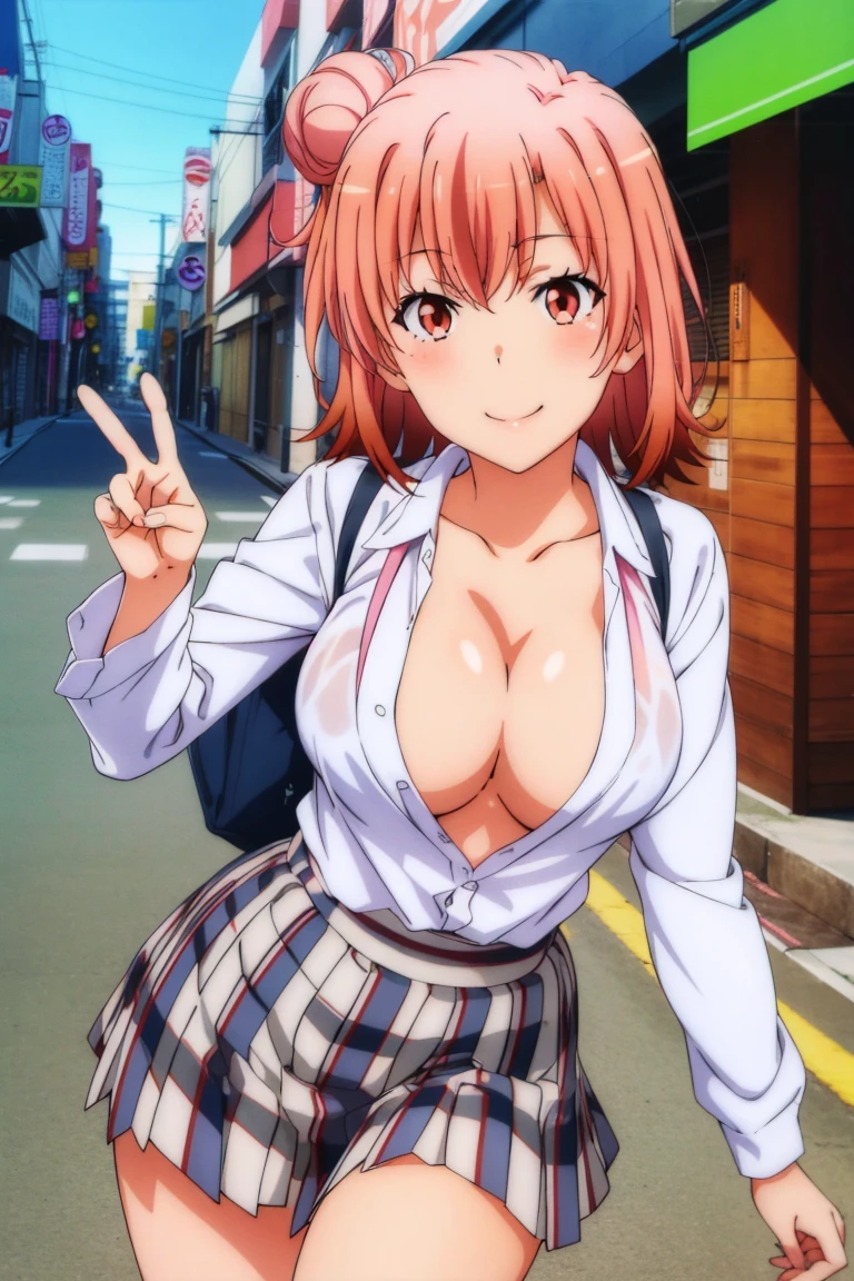 ((masutepiece, Best Quality, hight resolution, nffsw, Perfect Pixel, depth of fields, 4K, nffsw, nffsw))),
1girl in, Single, Solo, Beautiful anime girl, Beautiful Art Style, Anime Character,
Yuigahama Yui,
(large boob:1.2),
Short hair, Hair bun, Pink hair,
(Naked in a trench coat),
(Surprised, blush, Open mouth),
from below,
Looking at Viewer, Focus, POV,
Street,