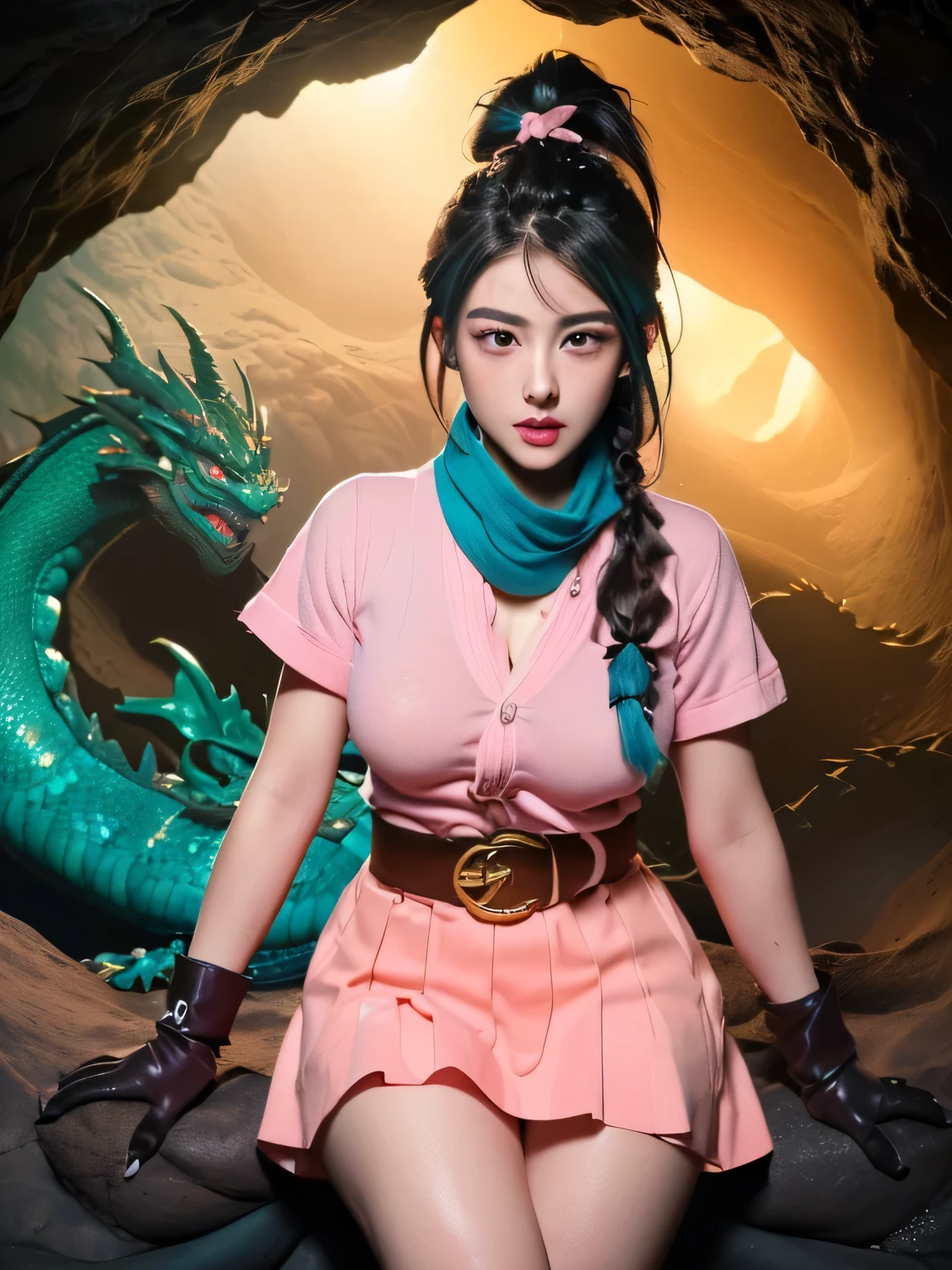Chica linda como wang yiren, in jurassic park jurassic park with a little dinosaur.
