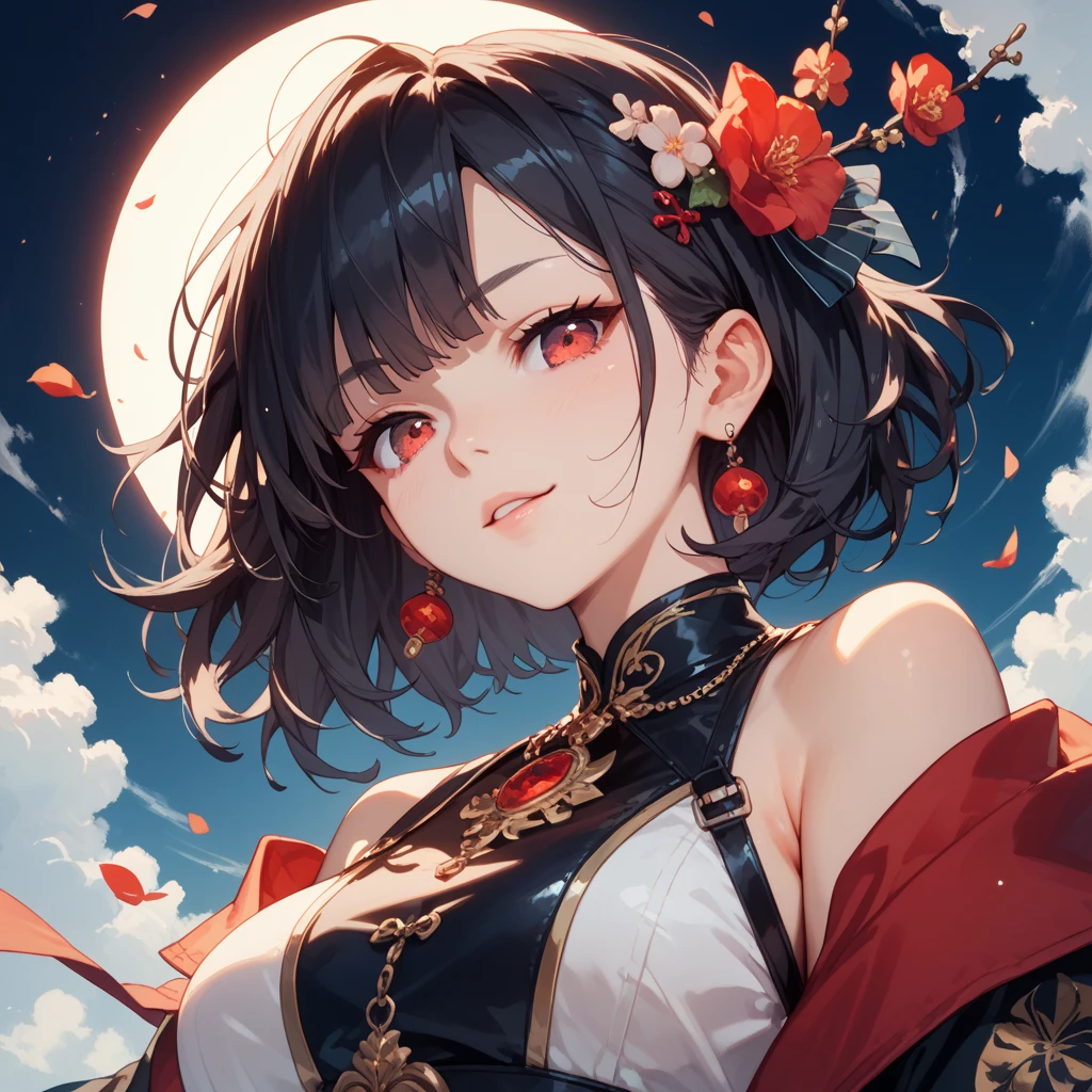 (masterpiece, highest quality, highest quality, (No text), Beautiful and aesthetic:1.2),No text,アニメ、BREAK,One Girl，Black Hair Girl　short hair　Tree Eyes　Beautiful eyes　Red eyes　cool　smile　Red and Black　one piece　whole body
