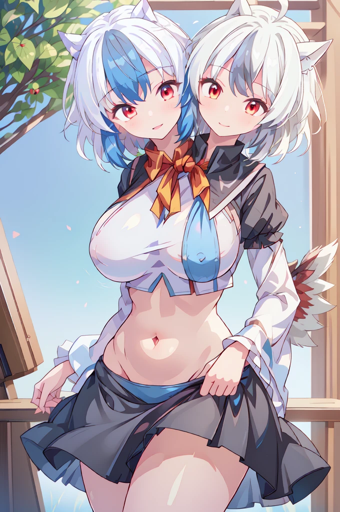 (masterpiece, best quality), best quality, (ultra-detailed), (3heads:1.5), 1girl, (tokiko:1.3), masterpiece, best quality, ultra quality, ultra resolution, ultra detail, black top, crop top, ((stomach)), midriff, ((groin)), open belly, black skirt, normal ears, shackles, white hair, very long hair, wavy hair, sidelocks, red eyes, detailed eyes, parted lips, sweat, cute, toned belly, hand on own chest, eyelashes, (23 year old woman:1.3), (masterpiece:1.5), (best quality:1.5), (beautiful detailed extremely detailed CG, extremely delicate and beautiful, depth of field, (finely detailed face), (perfect details:1.2), (mature female:1.4), wide pelvis, slender, large veiny breast, 16k resolution, highres high quality, high definition, extremely detailed, masterpiece, best quality, white hair, long hair, alluring presence, braid, short skirt, close up, big tits, young, multicolored hair, streaked hair, blue streaks, small horns on head, black wings, midriff, nsfw, open belly,
