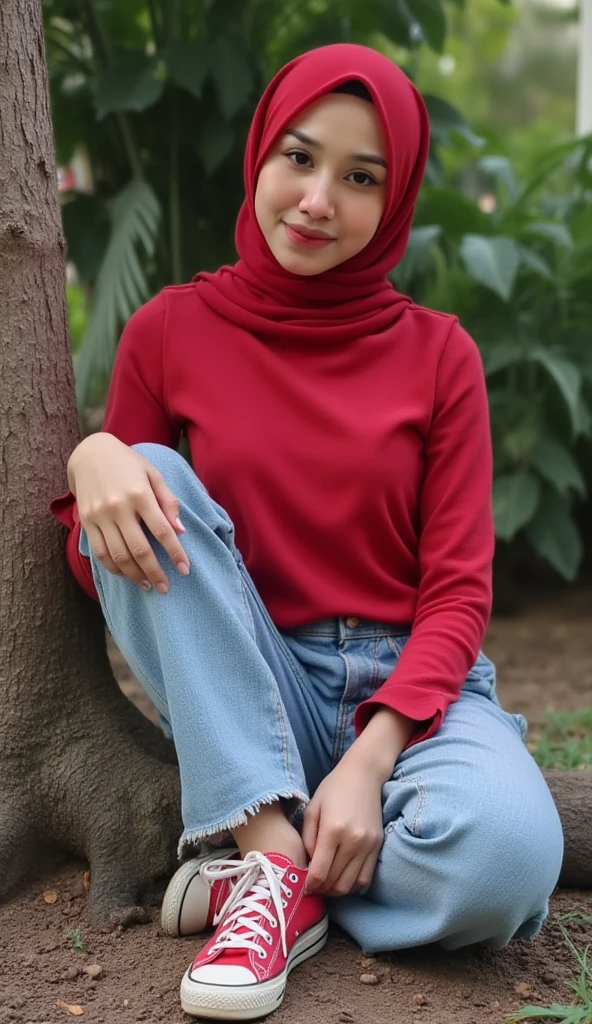 1 lady, 30 years old, hijabi, wearing malay baju kurung, fine wrinkles, posing with hands up, sitting on bench, red malay baju kurung, big breast, covered up, wearing plain hijab, semi tight