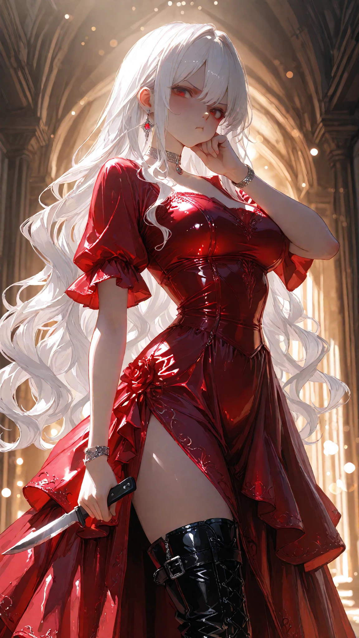 best quality, masterpiece, ultra-detailed, detailed light, (RAW photo:1.2), (photorealistic:1.4),(masterpiece:1.3),(best quality:1.4), 1girl, solo, waist up, white hair, long hair, full red dress, fashion accessory