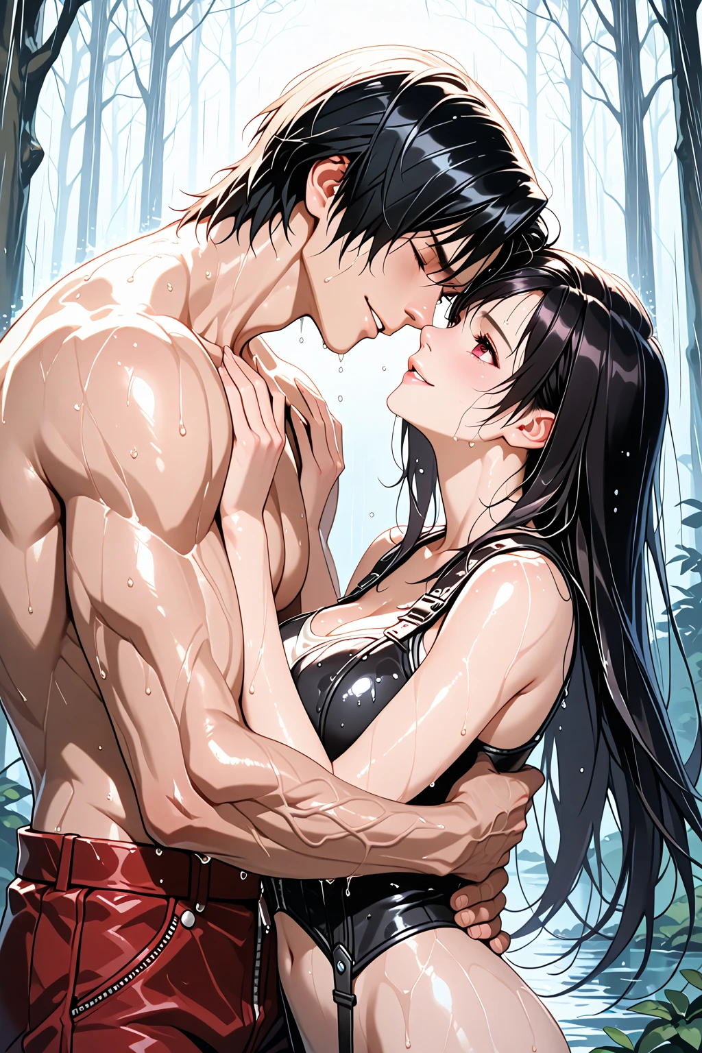 masterpiece, highres, absurdres, illustration, ((masterpiece:1.4, best quality)), (Ultra detailed background), highly detailed beautiful face and eyes, beautiful eyes, (sharp detail:1.3), shiny, earrings, bracelet, (wet bikini:1.3), (see-through bikini:1.5), wedgie, Bari, Cebu Island, plumeria, near the beach, 1boy, sitting on floor, dynamic angle, (masterpiece, best quality),nsfw, reverse upright straddle, 1boy, 1girl, sitting, crossed legs, from below break girl, black hair, `long hair, large breasts, completely nude, heavy breathing, sweat, embarrassed, blush, open mouth, lipstick, wet,(tears:0.9), saliva, saliva trail, break boy, completely nude, break background, smile, blush, bedroom, double bed, large white pillow, white sheets, malleus draconia \(twisted wonderland\) horns,malleus_draconia, black hair, long hair, green eyes, slit pupils, eye shadow, pointy ears, black horns, malleus draconia (twisted wonderland) horns, bishounen, boy, male, yana Toboso style, long hair, black hair, yellow green eyes, smile, gray lips, handsome, skinny, tall, yellow green glow,AddXL