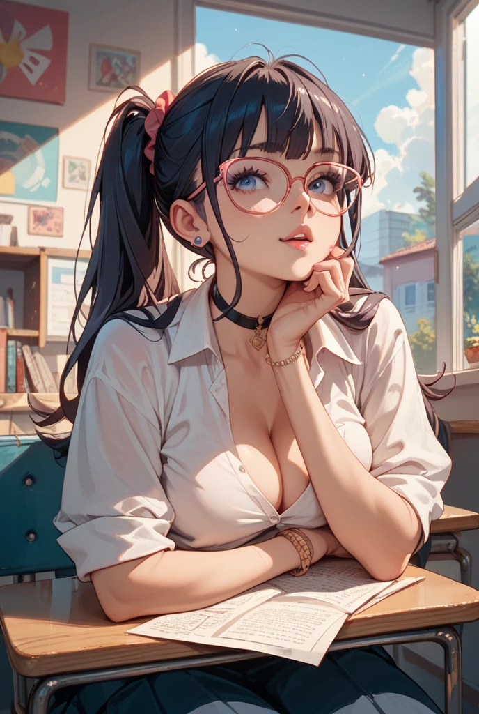 1girl, solo,
The girl, alone and looking directly at the viewer, has short brown or black hair and captivating brown eyes. She sits indoors, wearing a stylish skirt and showcasing her medium-sized breasts with a hint of cleavage. Her bare shoulders add an elegant touch to her appearance. With parted lips and wearing glasses, she exudes intelligence and charm. Holding a book, she sits gracefully, dressed in a pencil skirt that complements her outfit,
BREAK
8k, 4k, highres, masterpiece, insanely detailed, blurry background, natural light, (specular lighting:1.3),
nice hands, perfect hands,
<lyco:GoodHands-beta2:1.0><lora:hairdetailer:0.7> <lora:flat1:-0.3>