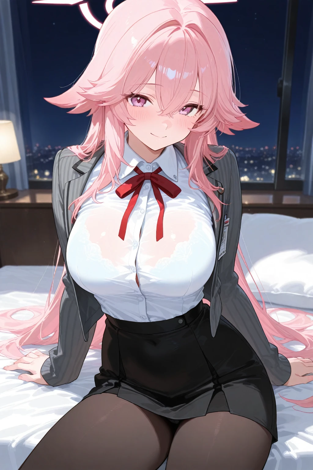 Best quality at best, tmasterpiece), 1个Giant Breast Girl, with pink hair, a purple eye, a garter belt, pencil skirts, Female office staff, Black bra, tiese, collared shir, leaning backward