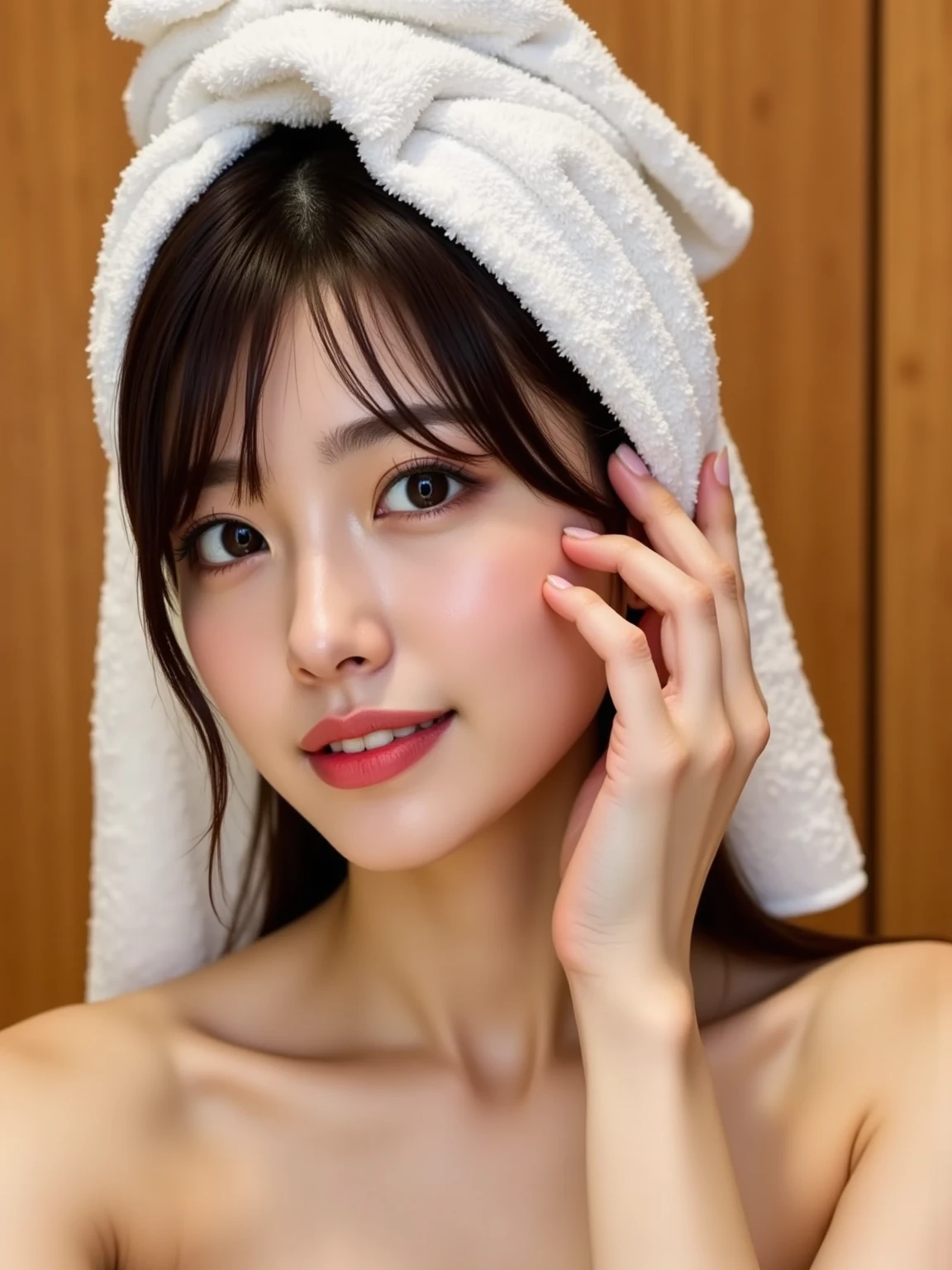 high quality, High resolution, masterpiece, completion, detailed.impressive, Cutting-edge female photography portraits, Showcasing a bold and daring street-art style. Facing forward、(nice smile、Bright expression、looks fun)、cyan, and purple, Bathroom、Bubble bath、Take a bath、Wrap a bath towel around your body、Her vibrant makeup really catches the eye.. Her colorful hair is tied up high, The contrast with the modern chain top is striking., Blue and pink hues in harmony.  This powerful combination of hyper-detailed realism and artistic expression creates a vivid,