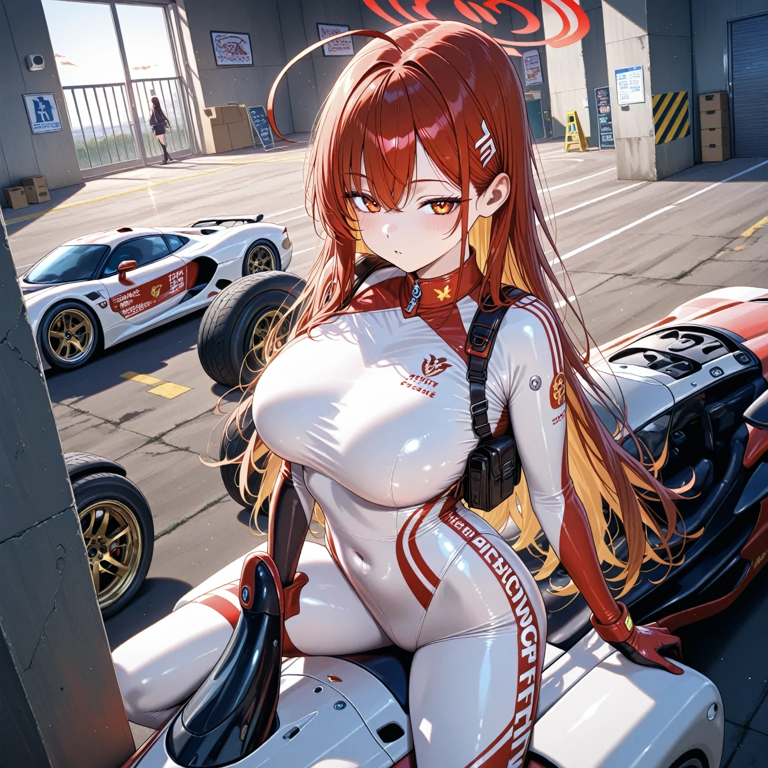Masterpiece, Ultra high graphic, 1 Girl, red hair ponytail, hair between eyes, ((Sitting on the car:1.2)), Random low angle, cute, looking at viewer, blushing, little smile, tight racing outfit, gloves, dizzy, mid-chest, spread legs, day atmosphere, Very sexy, nfsw, hands on your pussy, legs opened