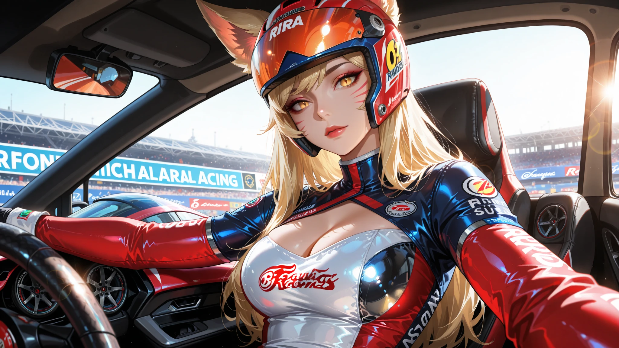Girl with long blonde hair, red lips, blonde fox ears and tail, big breasts, wearing a tight light blue and orange pilot suit, headphones, sunglasses
