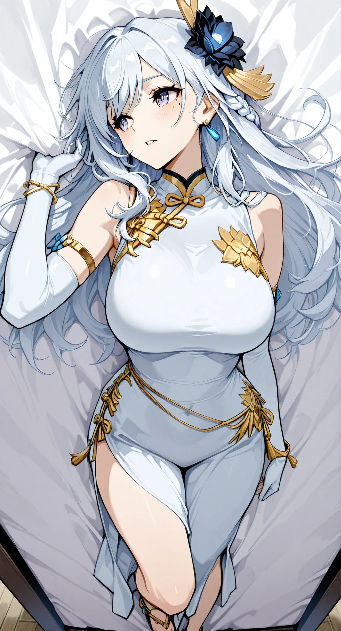 mole under eye、Armlet for left arm、bracelet for right wrist、sleeveless china ,anime girl Picture of a woman with long white hair and a flower in her hair, gray hairの deity, Anime Goddess, gray hairの, gray hairの lady, gray hair, Zodiac knight turning away, Haise Jinyao, Genshin characters、Keking, Full Body Senxia , female anime character, Picture of a woman with long white hair, perfect gray hairの girl,large breasts with good shape,thin waist,mole under eye,long gloves,earring,no background,moist eyes、Kind Eyes、gentle expression、Blush、Shy、Slightly Open Lips 、 Very large bed、my whole body lies on a white sheet、My face completely turns straight to the side from here、 The hair bundled in the back is a braid, cowboy shot with a close cute face、 from above、 Feet outside the frame、 first-person view、, sideways, from side