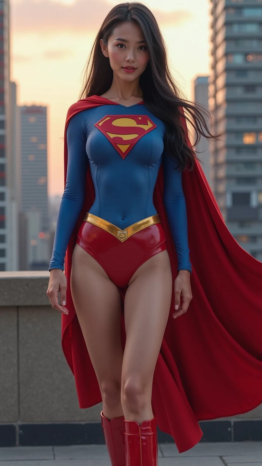 (((Wear black tights on your beautiful legs.)))、(((Grow legs、tall、Legally express the beauty of your smile)))、((((Make the most of the original image)))、(((Supergirl Costume)))、(((beautiful hairl)))、(((Suffering)))、(((Feet must necessarily be worn with black tights)))、(((You need to wear red boots)))、((Top image quality、8K))、((top-quality、8K、masterpiece:1.3))、(((Keep Background )))、Crisp focus:1.2、Beautiful woman with perfect body shape:1.4、Slender Abs:1.2、a wet body:1.5、Highly detailed facial and skin texture、8K