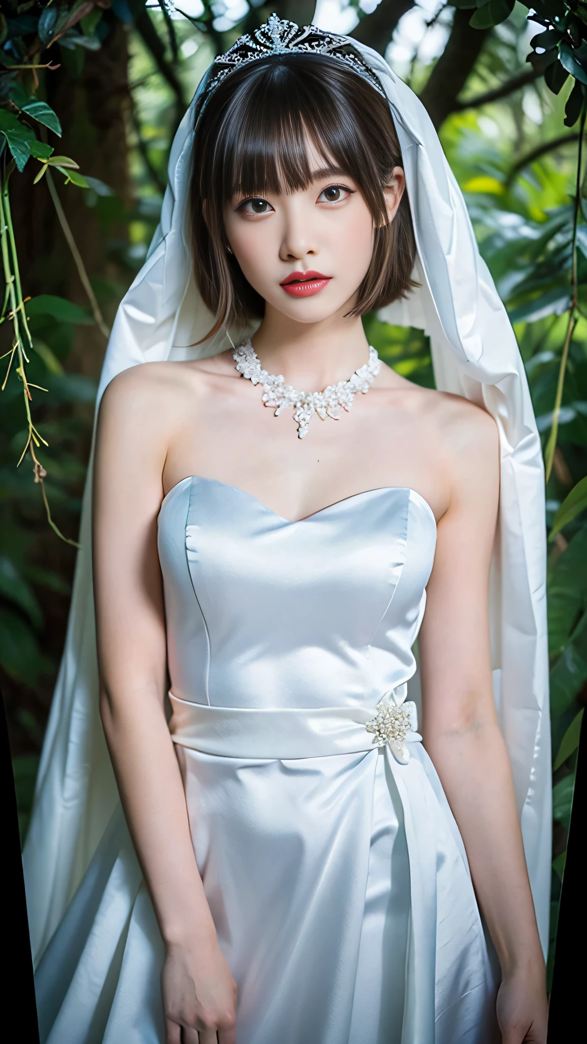 (taken directly from the front),(Photos of women in wedding dresses made of shiny pale blue satin fabric),(masterpiece, top quality , Ultra High Accuracy),very detailed CG,(Eye makeup to lengthen eyelashes),Straight bob hair with bangs,Wedding headdress, necklace,hanging eyes,(staring at us),Luxurious skirt made of shiny pale blue satin fabric,((I'm in a dark forest )),Close-up picture of chest