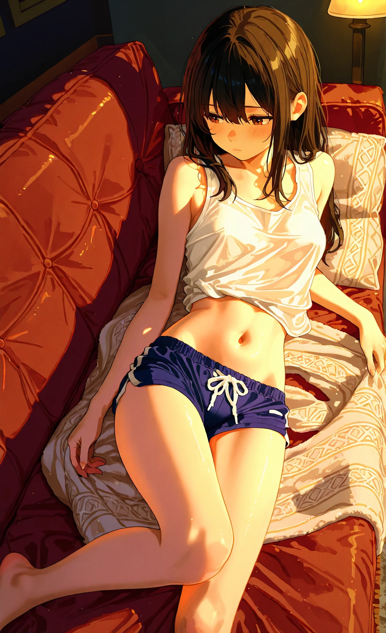 Affordable design, Clear lines, High Sharpness, (Highest quality,4k,Perfect sharpness,Ultra fine,High resolution,masterpiece:1.2), Perfect ???????:1.5, Official Art, Illustrations that tell a story, (Whitish background:0. 9）、Body Positivity、多Mr.な身体表現、（Random and fun poses）、Perfect beauty、Perfect beautiful face、(Strong winds)、A rich expression、Dynamic composition、smile、Golden ratio composition、colorful、（((Mr.々Different angles and perspectives))）、Anime Art、（Overcoming stereotypes）、 Glowing Skin、（Natural beauty）、bangs、Straight Hair、（Soft and flowing hair）、（countryside）、（Nostalgic atmosphere）、(Insert up to the thighs)、（Playful and carefree）、（多Mr.なキャラクター）、（Graceful posture）、（Sunny atmosphere）、（Bright colors）、((Pure white lingerie))、Show off your thighs、Show off the backs of your thighs、Lie face up on the bed、((Micro Bikini))、((Showing off your ??????))、Sweaty skin、(( String panties))、Spread your legs、Lie down、Underboob、(Pure white underwear)、((Put your hands in your panties))、