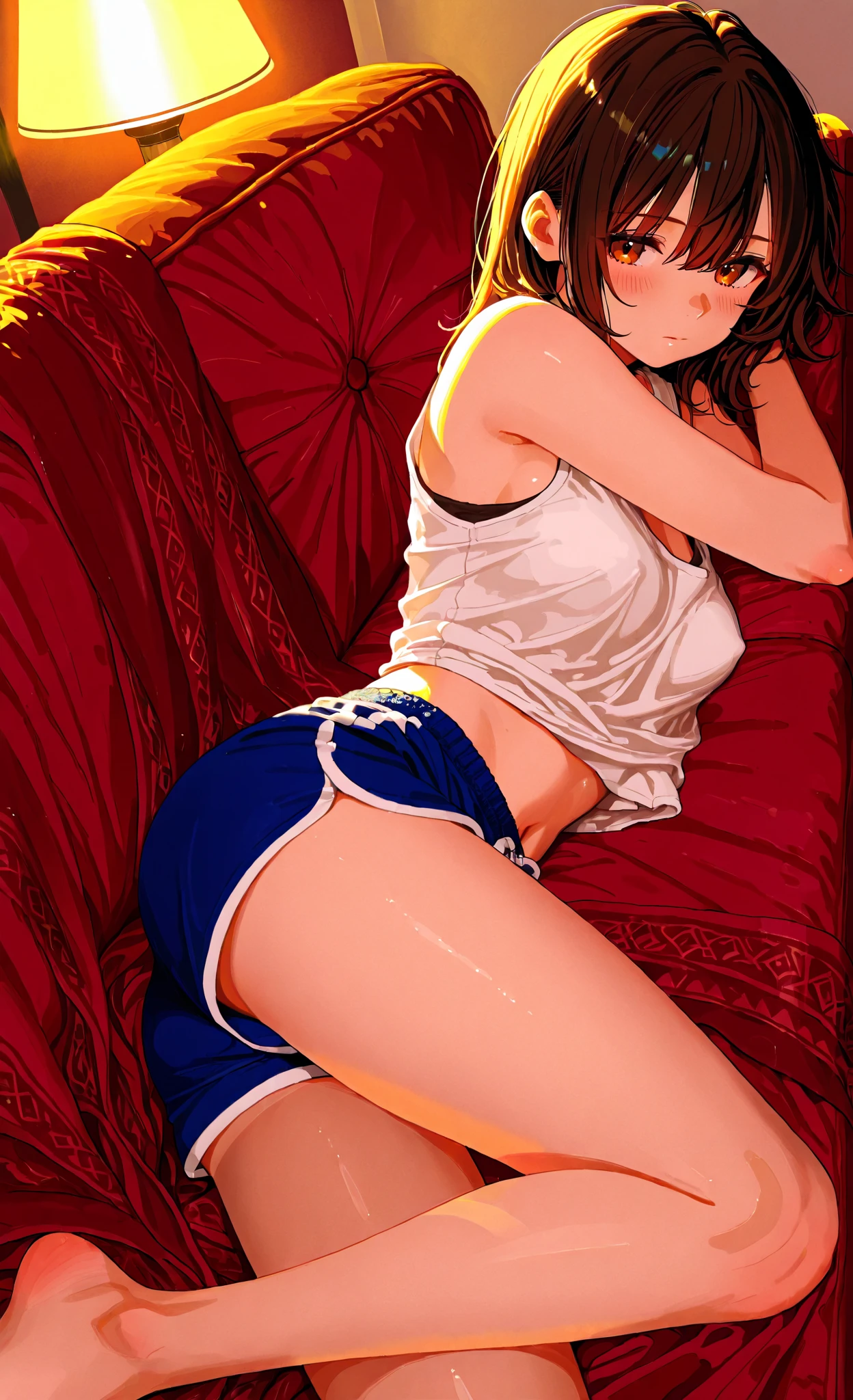 masterpiece,(Perfect Anatomy:1.5), highest quality, 1 lady , slender, leggy, small breasts, Seductive, brown hair, short hair, (wear a white long sleeved t-shirt,:1.5), white bikini panties , barefoot, Perfect hands, Perfect body, reclining, lying on a sofa, leg up , looking away, ((Exquisite detail)), Very finely crafted fingers(((10 fingers))), (full body showcase), (Show your whole body), (no background), (No logo) , high resolution, parted lips, belly button, feet up, arms behind head, hip lift, nsfw from blow, white bikini panties focus