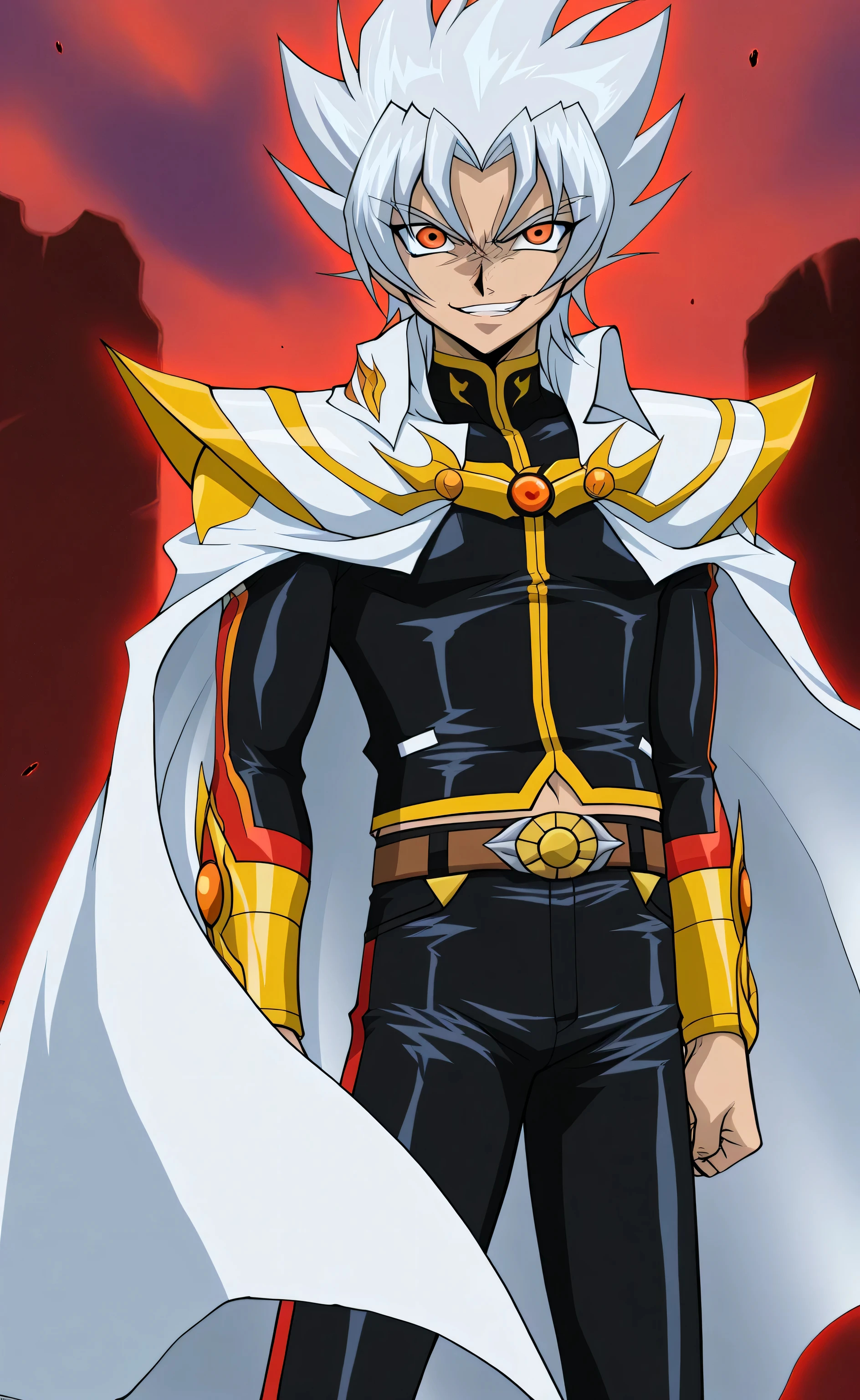 1male,solo,Ryuga,white hair,short hair,amber eyes,evil grin,white cape,black toptank,leather pants,muscle,Bakugan New Vestroia Style