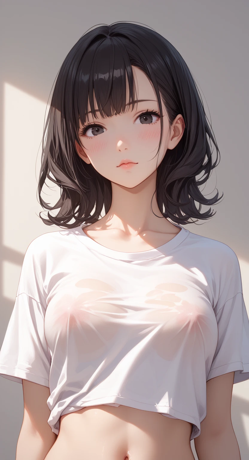 (((Masterpiece))), (portrait), Ayaka, diffused light, dynamic shadows, sharp focus, realistic, detailed, highres, absurdres, white background, (boobsqueeze), looking to the side, v arms, (((t-shirt))), no bra, photorealistic, lifelike, wet, mascara, blushing