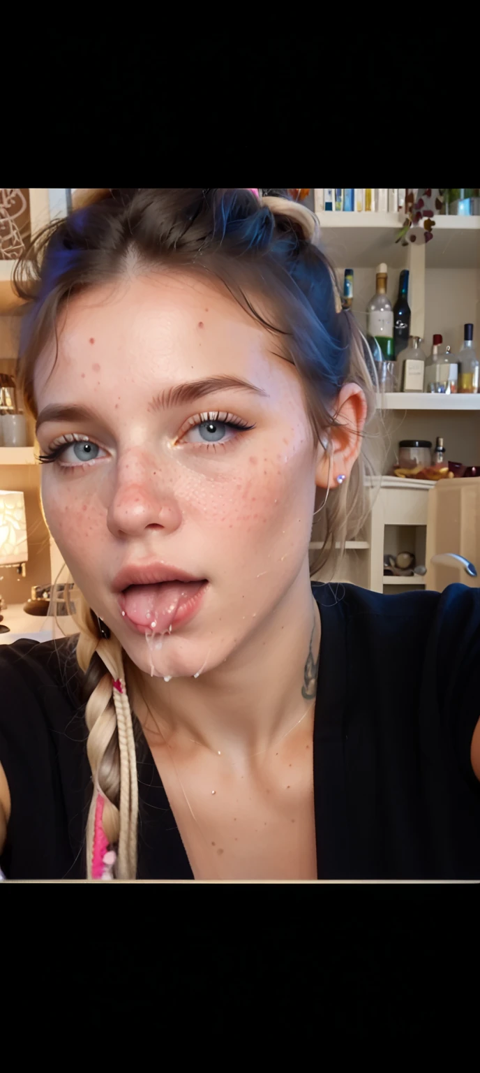 ultra photorealistic image of one cute European blonde high school student, (eagerly sucking on a penis:1.4), (semen is splattered on her face:1.4), she has long straight black hair and light hazel eyes with luscious mascara and long eyelashes, (large 34C breasts:1.4), (15 years old:1.4), slim, slim oval face, nice smile, small gold hoop earrings, looking at camera, (facing camera:1.4), ultra-high resolution, (photorealistic: 1.4), high resolution, (finely detailed skin), (perfectly proportioned) (photo realistic) (masterpiece) (photorealistic), ultra realistic (Best Quality) (Detailed) photographed in a Canon EOS R5, 85mm Lens, F/2.8, (8K) (Wallpaper), focus on face,
