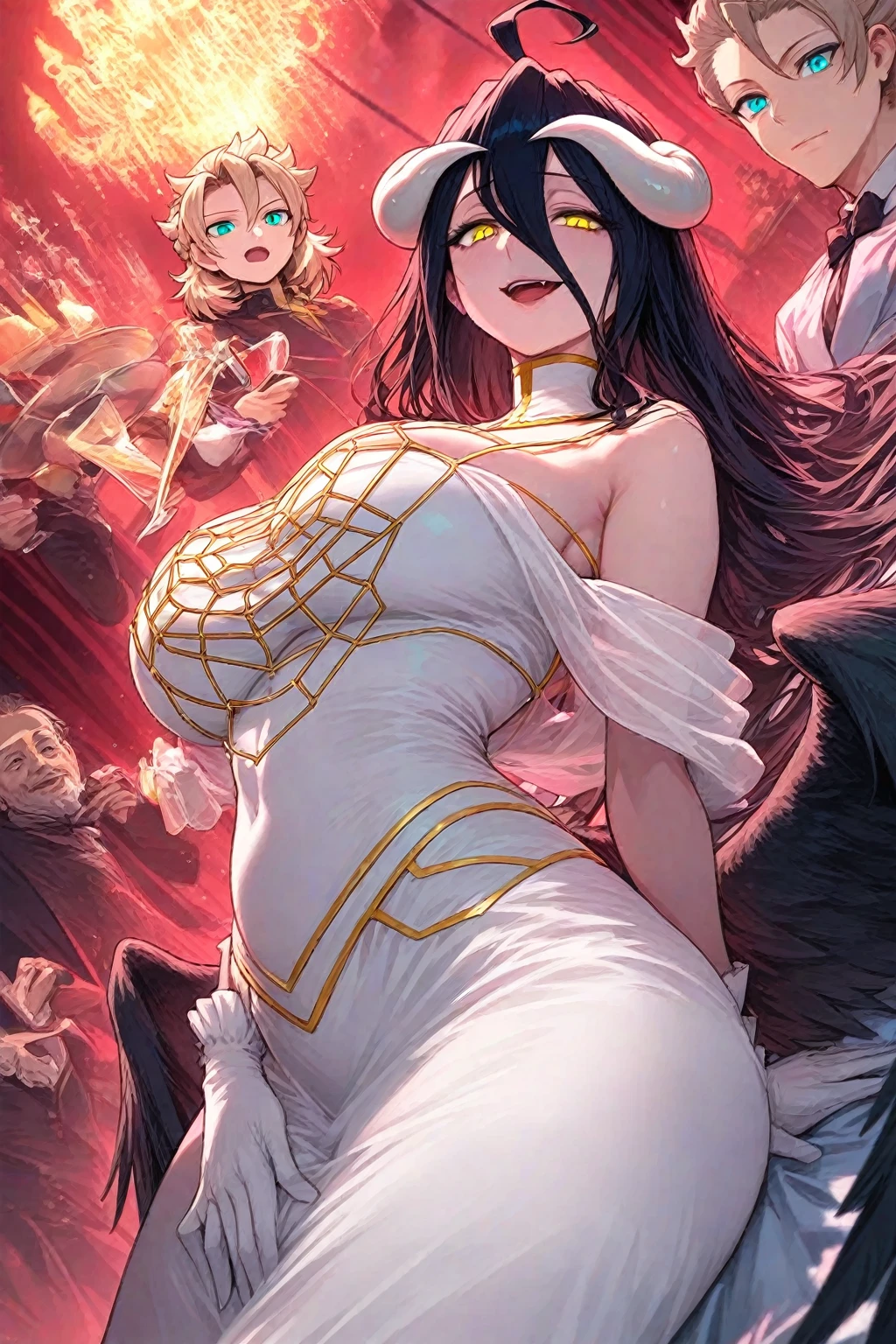 NSFW, sexy, erotic, adult, Striking and realistic animated digital illustration. It depicts a noble young female princess knight leading an army on a medieval European battlefield. She is also a war priestess blessed by the goddess of war. Her armor is gorgeous and colorful, with elaborate embroidery and decorations that accentuate her divine figure. She is proficient in swordsmanship, and is depicted in a moment of performing this skill. To emphasize the moment of this technique, she is depicted from different dynamic angles, highlighting the movement and intensity of her swordsmanship. Her expression is stern and dignified, emphasizing her presence. A fierce black wind swirls around her, and many eagles fly at high speed to enhance the effect of her technique. Her long black hair flows with her movements, and the background is filled with a battlefield that creates a dramatic atmosphere as she leads her army. An aura of divine light envelops her, her white wings dance and she is depicted as a neon-like luminous presence. Sacred blessing effects have been added to emphasize that she is blessed by the goddess of war. --NSFW, --sexy
