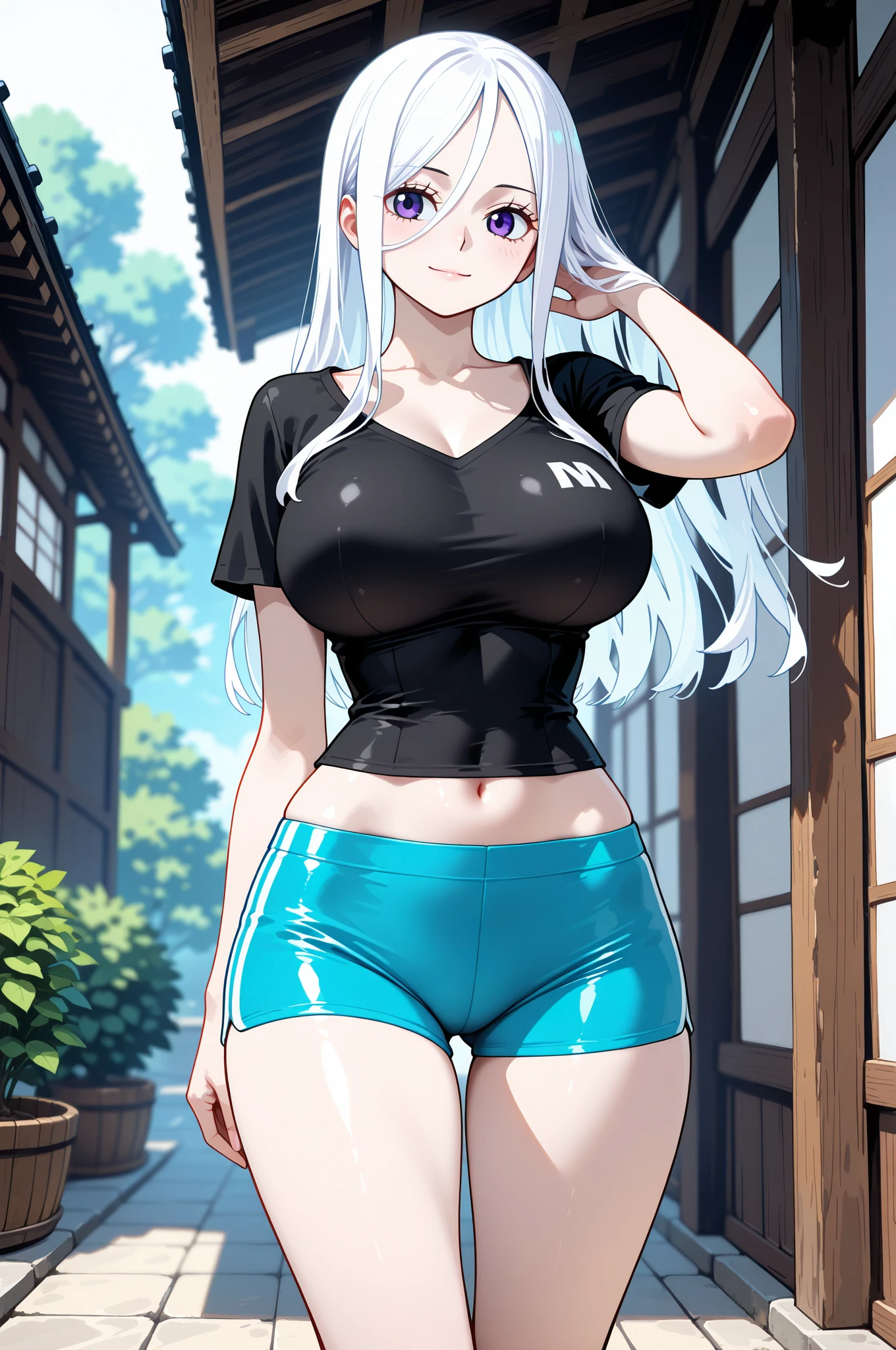 (((masterpiece))), ShizukaMikazuki, One Girl, alone, Make eye contact,Long Hair, Gray Hair, Long sleeve, Huge breasts,Cleavage, Large Breasts, Mature Body,clavicle, Open clothes, open hoodie, blue hoodie, Play sports often, blue eyes,Earrings ,Choker with charm,Sweat,High Ponytail,A troubled and embarrassed face, smile,Thick lips,Increase breast size, Make the face a little smaller,Abdominal muscles,Black sports bra,Black hot pants,,dusk park, arms behind head