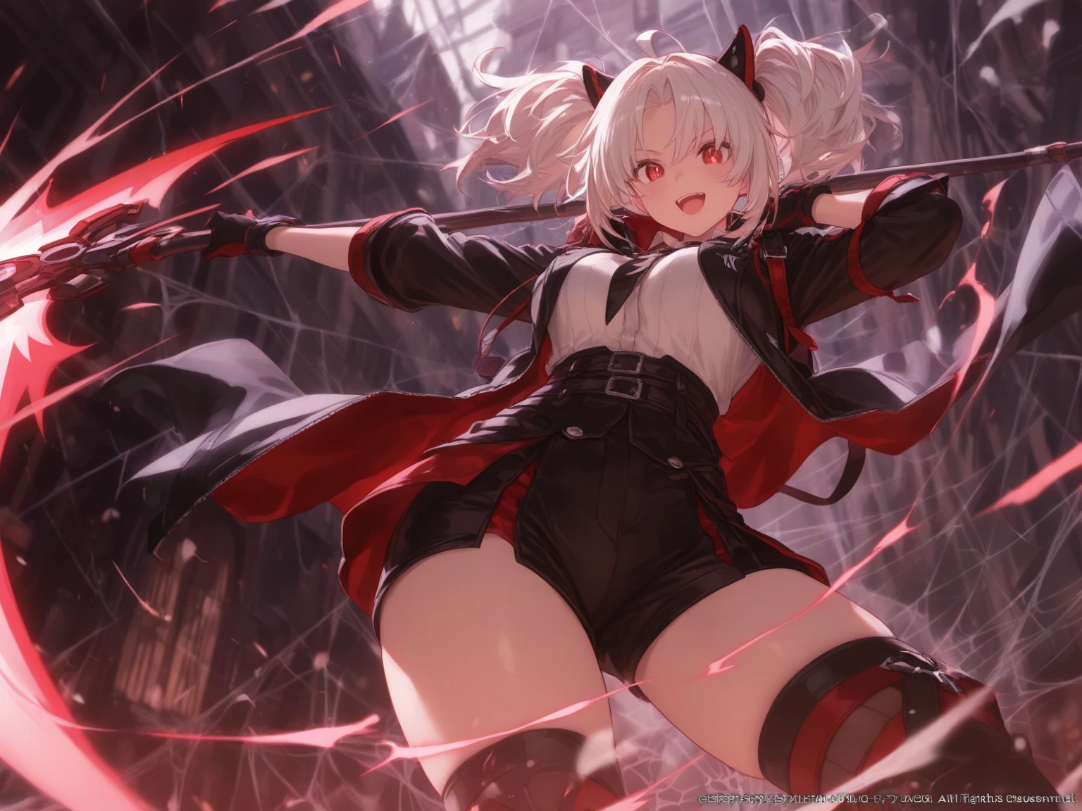 ((Highest quality)), ((masterpiece)), ((detailed)), (4K), (nsfw), 1girl, 独奏, (eyepatch), white hair, short hair, crop top, leather jacket, large breasts, Torn miniskirt, suspender skirt, torn pantyhose, panties under pantyhose, cameltoe, choker, bracelet, erect nipples, (rain), ((wet)), see through, (expressionless), scowl, (from below), (looking down), looking at viewer, (open legs), wasteland, town