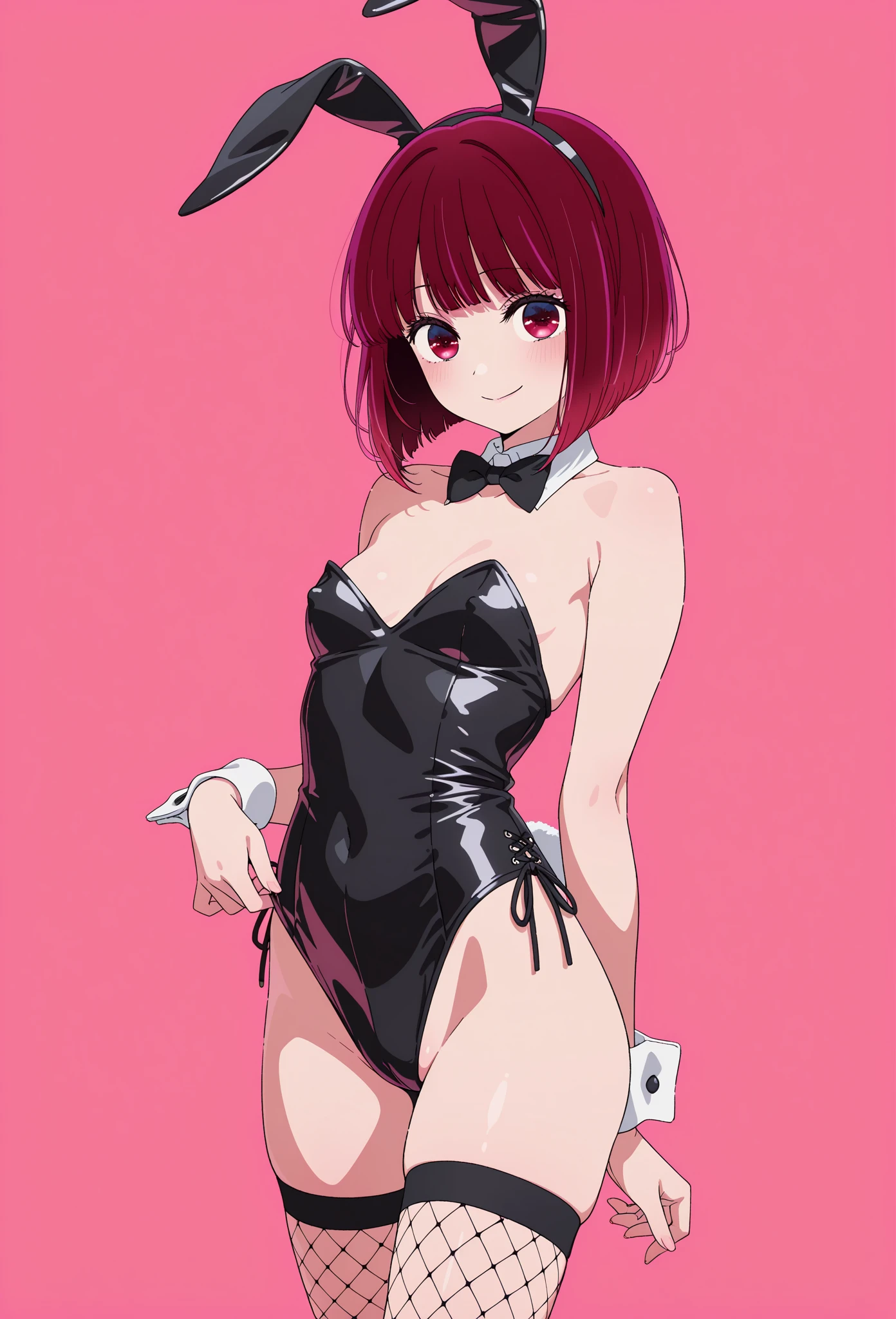 One Girl,, Crotch cutout, No crotch, , Pussy,alone ,, Large Breasts, blush, Black leotard, Bare arms, Wrist cuff, bow tie, Strapless, Cleavage,