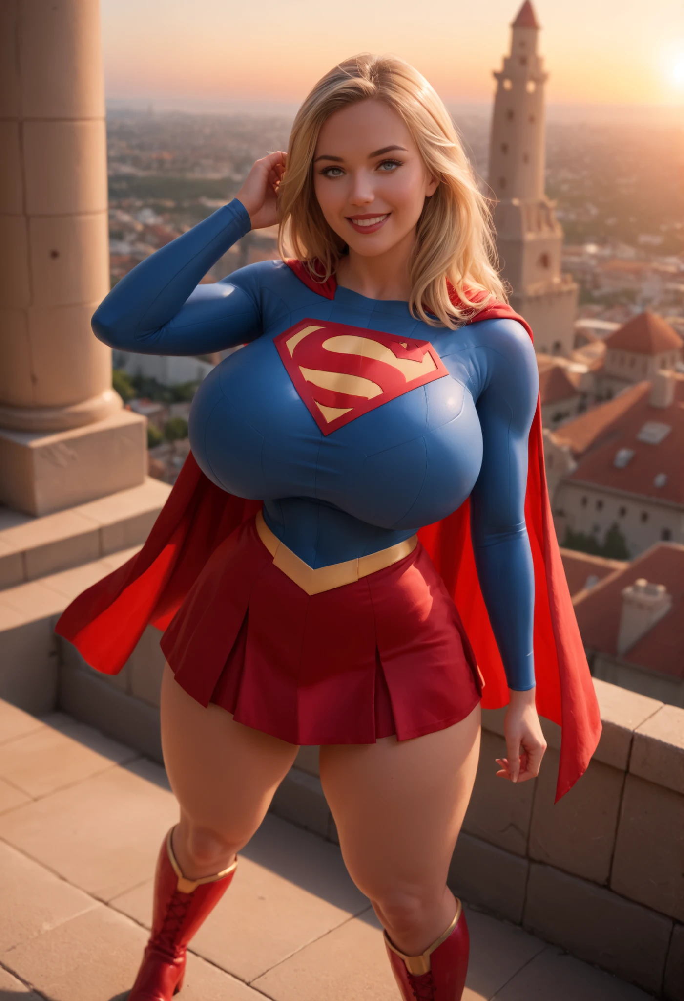 Depict a powerful female, large breasts, superhero with blonde hair, dressed in white with a red cape, standing heroically before a statue and cloud-filled sky. Fighting evil giants cocks. Hyper realistic photo, vibrant colors, 16k